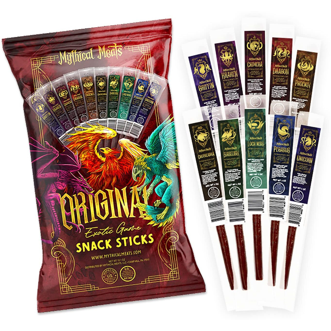 Mythical Meats Original Exotic Flavor Sampler Pack - 10 Exotic Game And Beef Snack Sticks - Dried & Dehydrated Meats Seasoned To Perfection - High Protein Snacks
