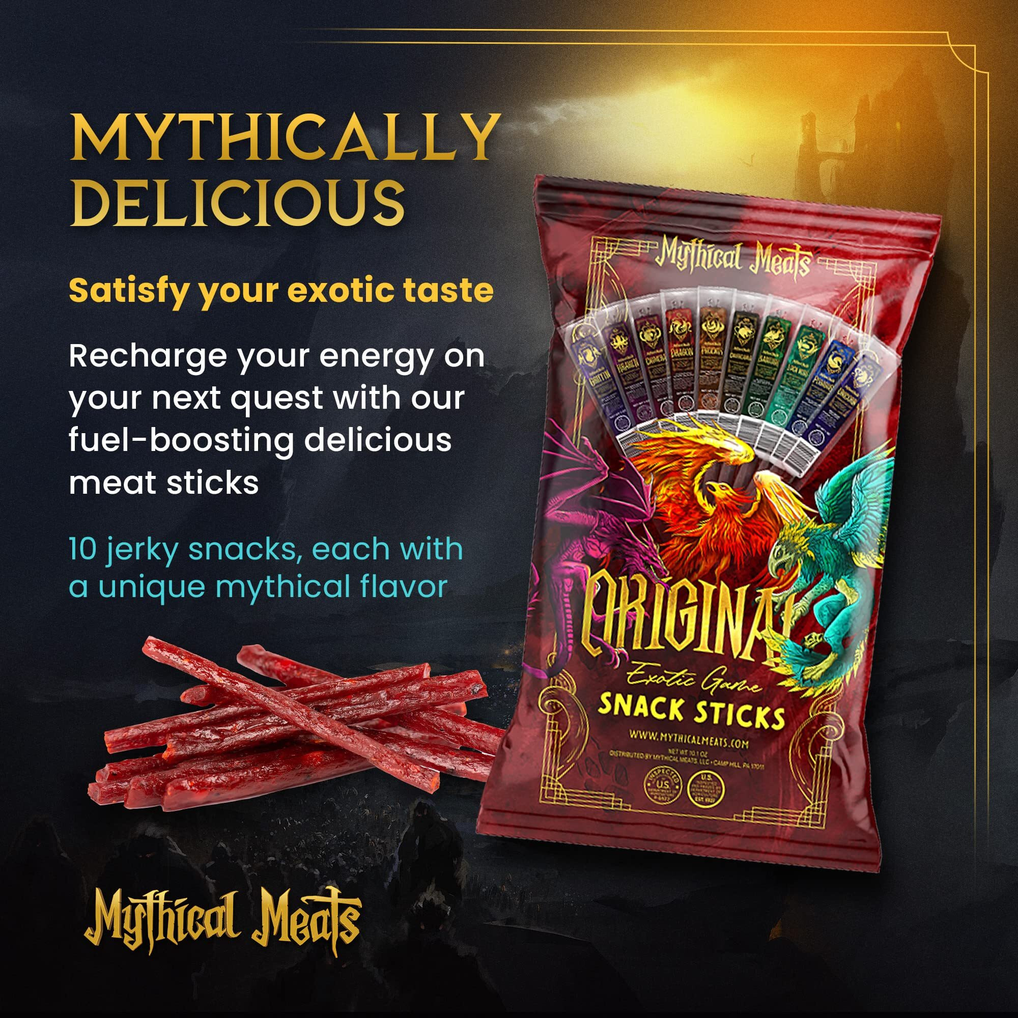 Mythical Meats Original Exotic Flavor Sampler Pack - 10 Exotic Game And Beef Snack Sticks - Dried & Dehydrated Meats Seasoned To Perfection - High Protein Snacks