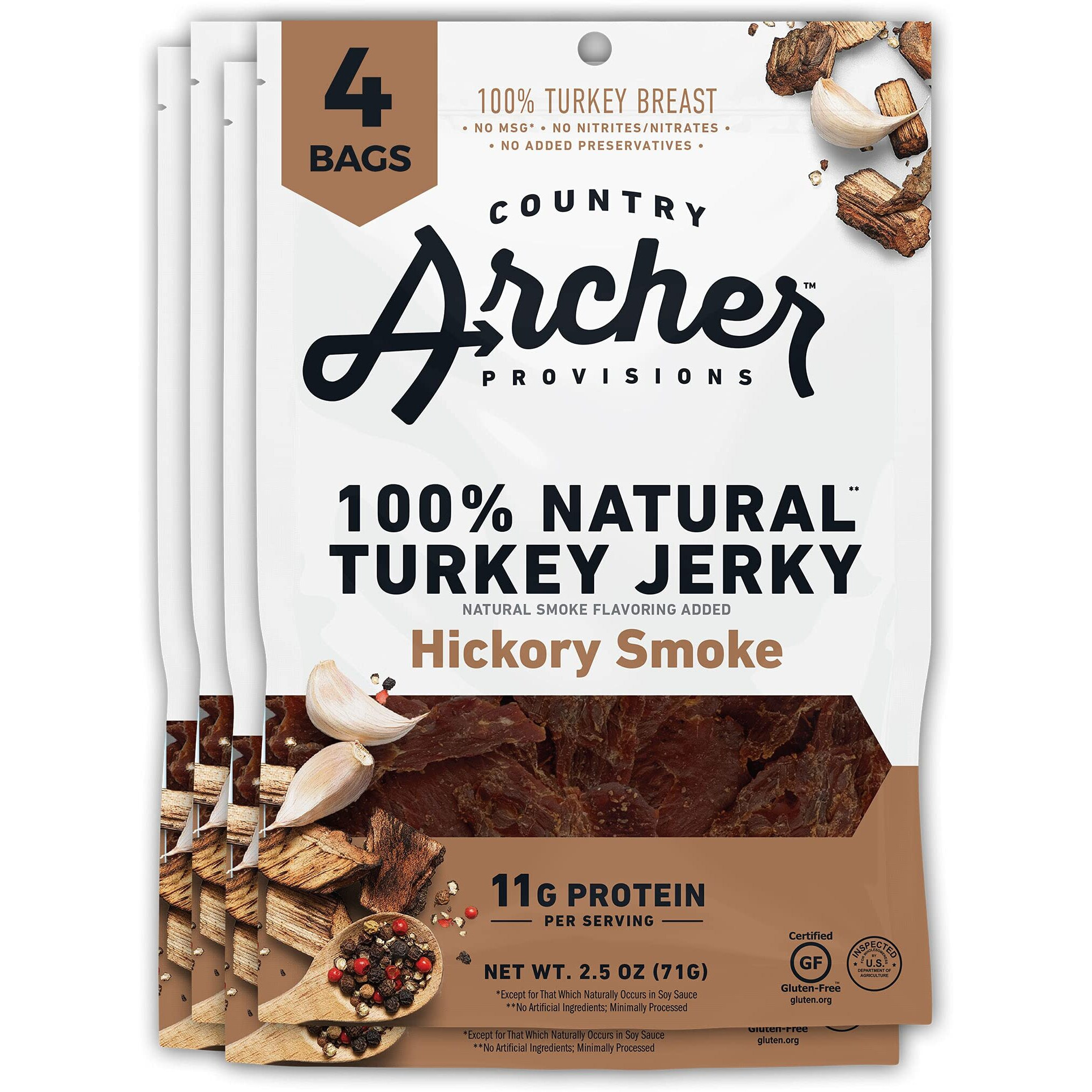 Country Archer Turkey Jerky - Turkey Meat Protein Snacks, Turkey Jerky For People, Protein Meat Snacks, Turkey Jerky Snack Packs, Gluten Free, Keto - Hickory Smoke, 2.5 Oz (Pack Of 4)