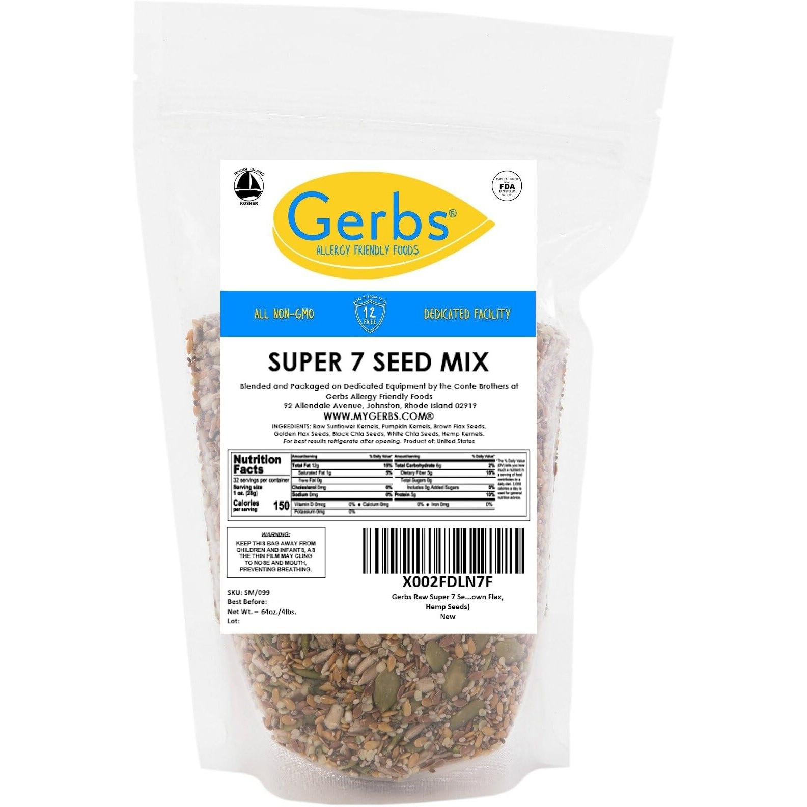 Gerbs Raw Super 7 Seed Snack Trail Mix 4 Lbs. | Top 14 Food Allergy Free | Resealable Bulk Bag | Made In Usa | Raw Pumpkin | Sunflower | Brown & Golden Flax | Black & White Chia | Hemp | Gluten Free