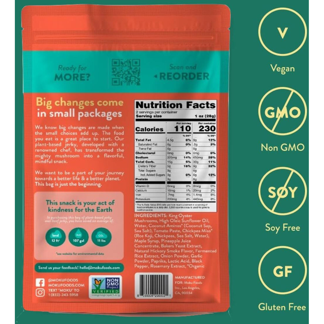 Moku Plant-Based Mushroom Jerky, Original Flavor (3 Pack) Vegan Beef Jerky, Gluten Free, Soy-Free, Non-Gmo Vegan Snacks, Vegan Meat No Artificial Sweetener Vegan Food, Healthy Snacks, 2.0 Oz Ea