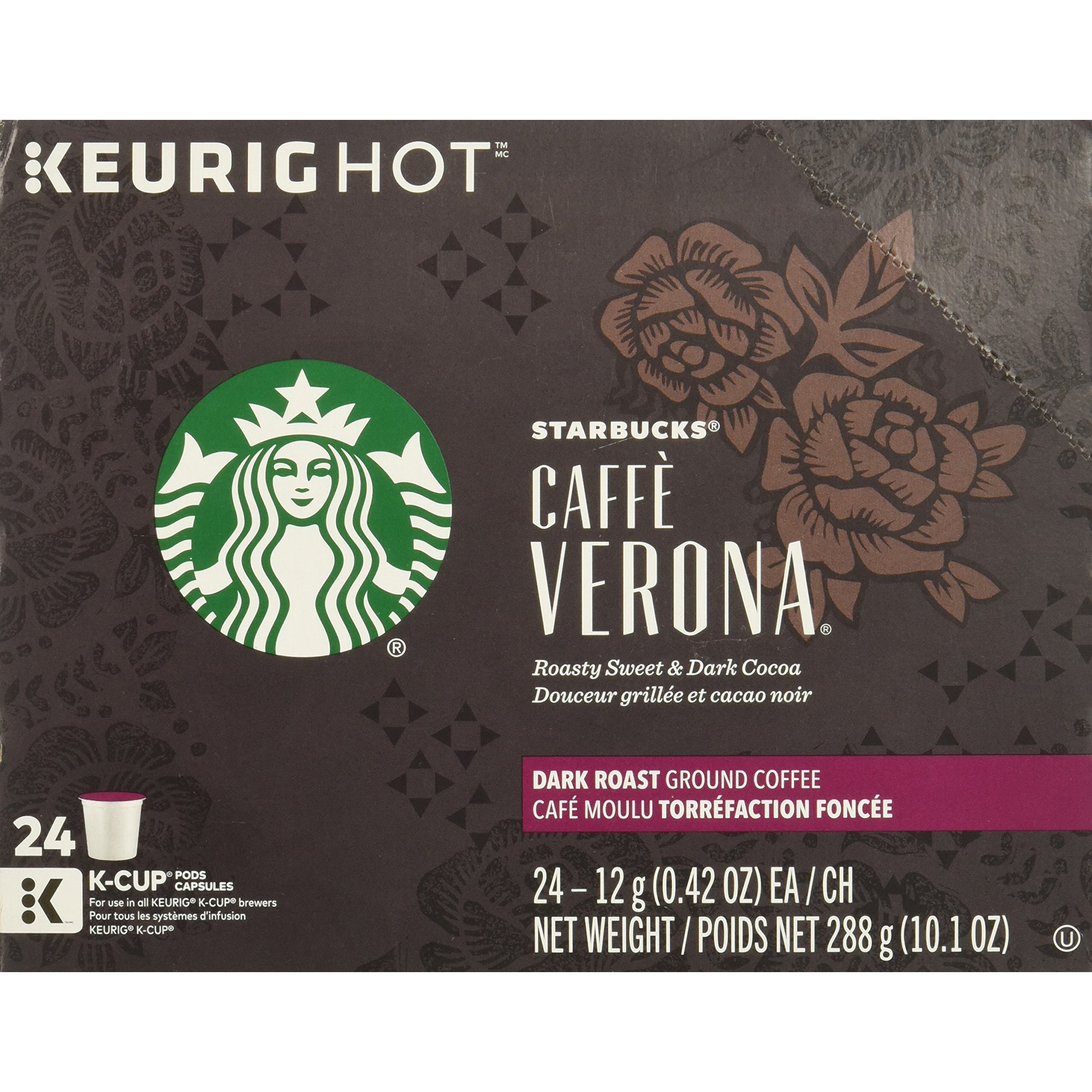 Starbucks K-Cup Coffee Pods-Dark Roast Coffee-Caff Verona For Keurig Brewers-100% Arabica-4 Boxes (96 Pods Total)