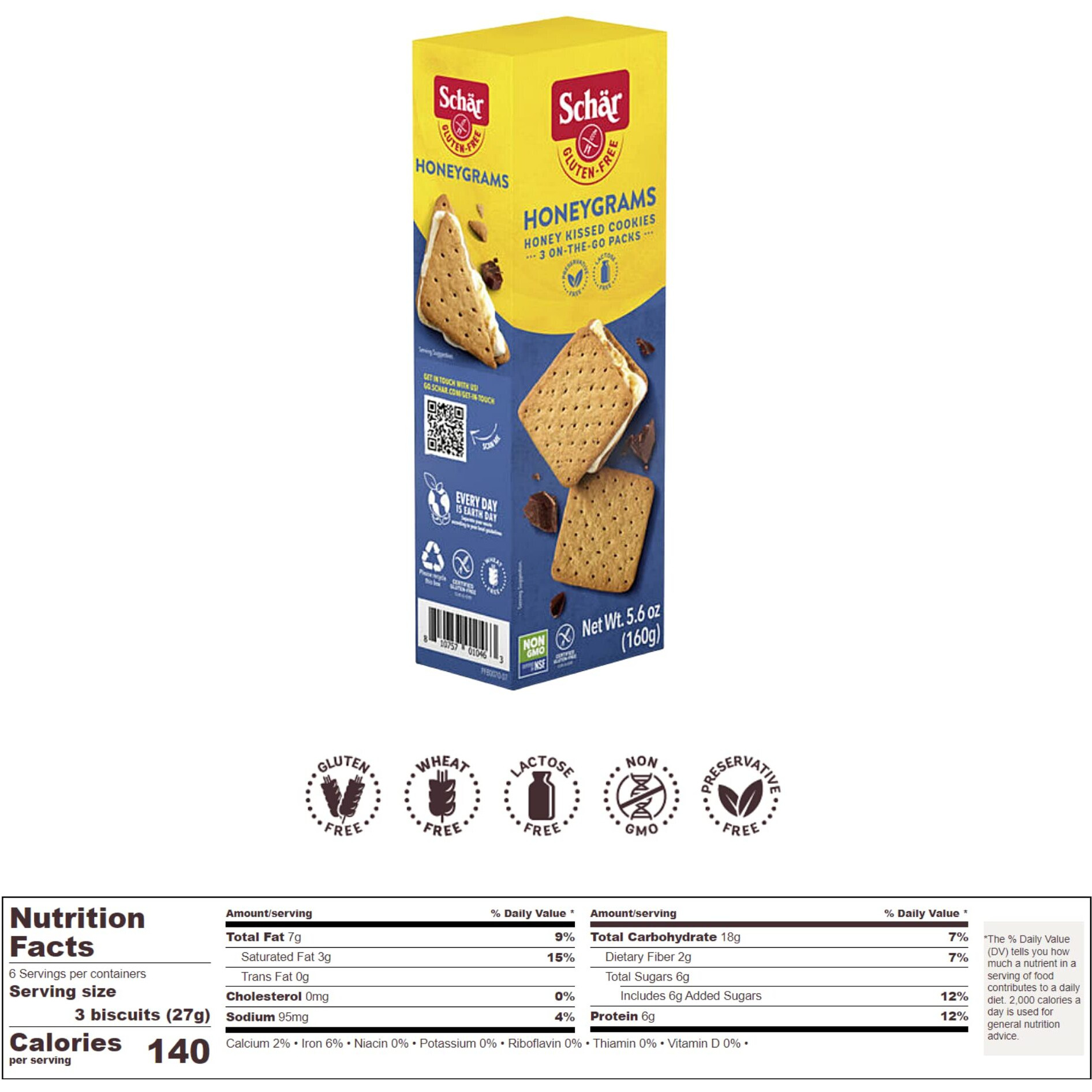 Schar - Honeygrams - Certified Gluten Free - No Gmo's, Lactose, Wheat Or Preservatives - (5.6 Oz) 2 Pack