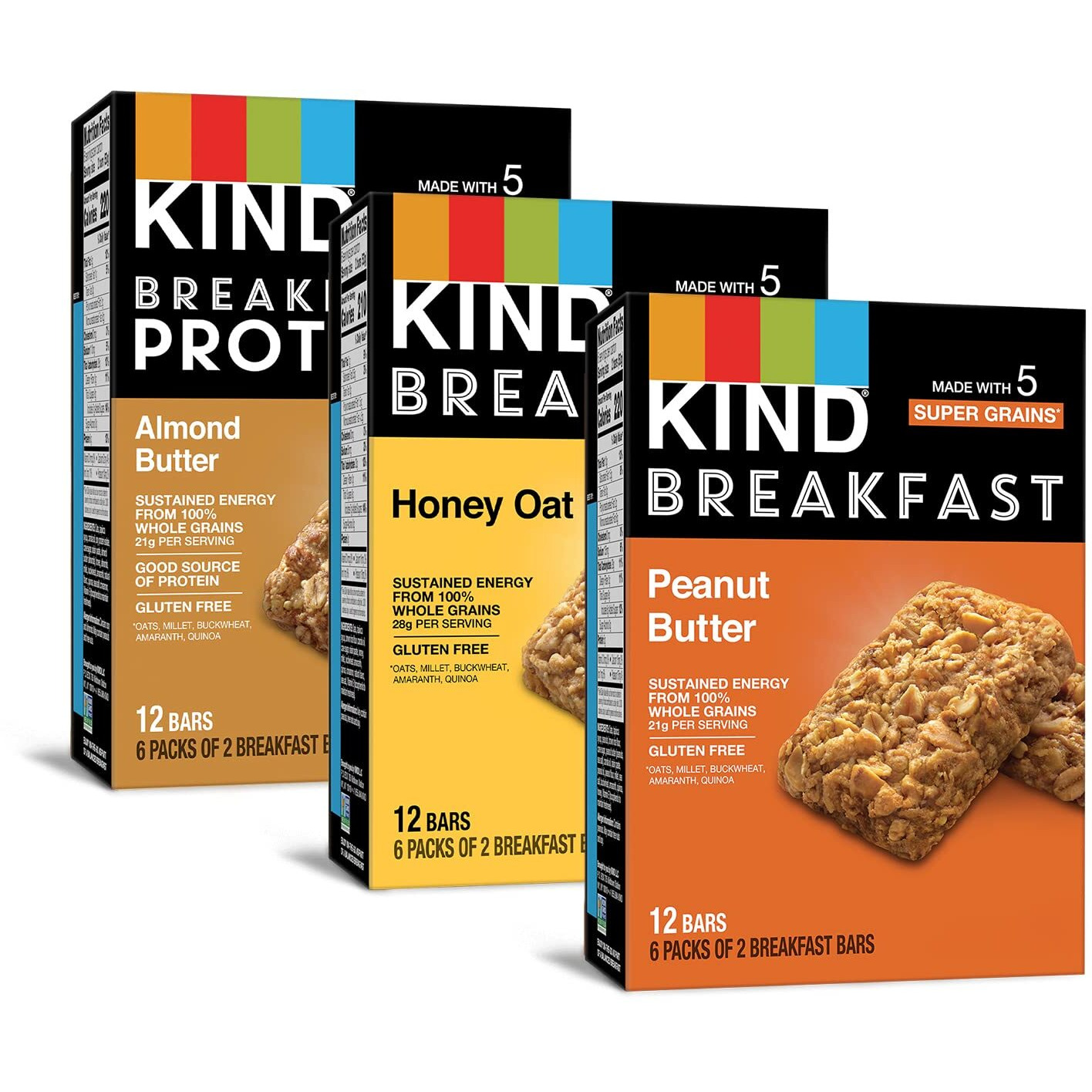 Kind Breakfast Bars, Variety Pack, Honey Oat, Almond Butter, Peanut Butter, Healthy Snacks, Gluten Free, 18 Count