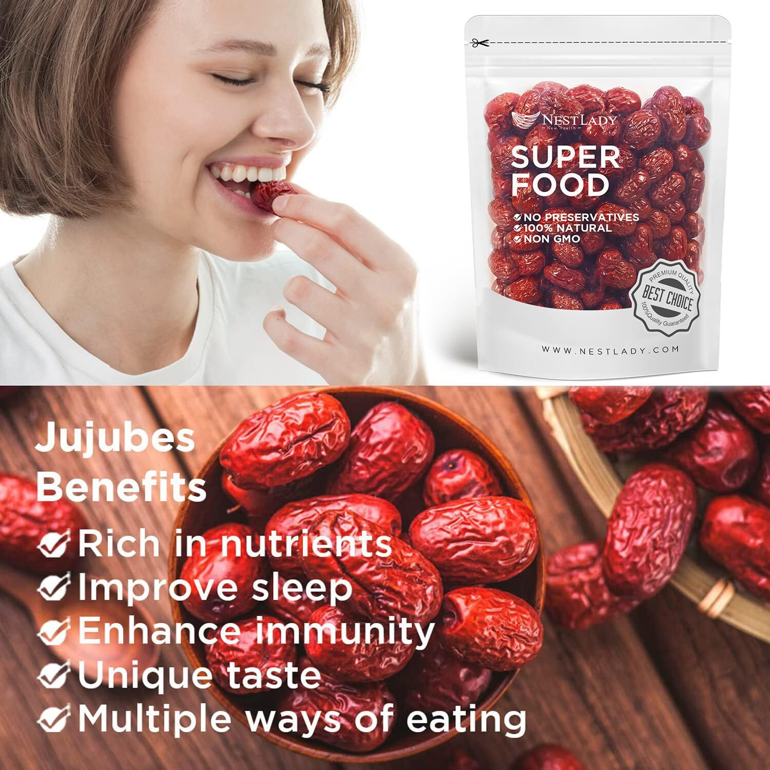 Nestlady Jujube Date, Red Date, 100% Natural, Improve Sleep, Health Snack, Dried Fruit, Sweet And Chewy Net Weight 454G (1Lb),Packed In Usa