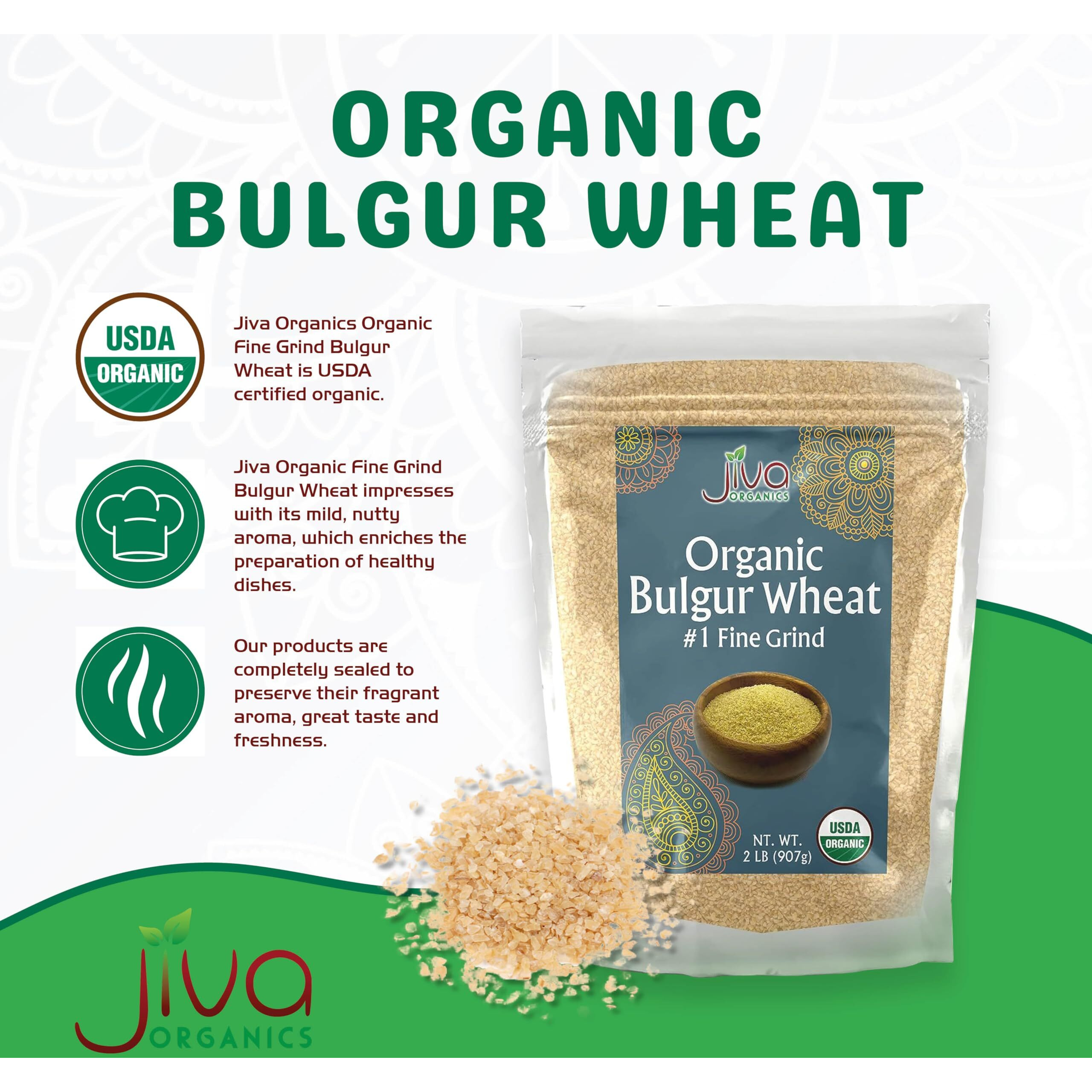 Jiva Organic Bulgur Wheat Fine 1 2 Lb - Non-Gmo, Grown In Usa, 100% Natural Wheat Berries, Resealable Bag