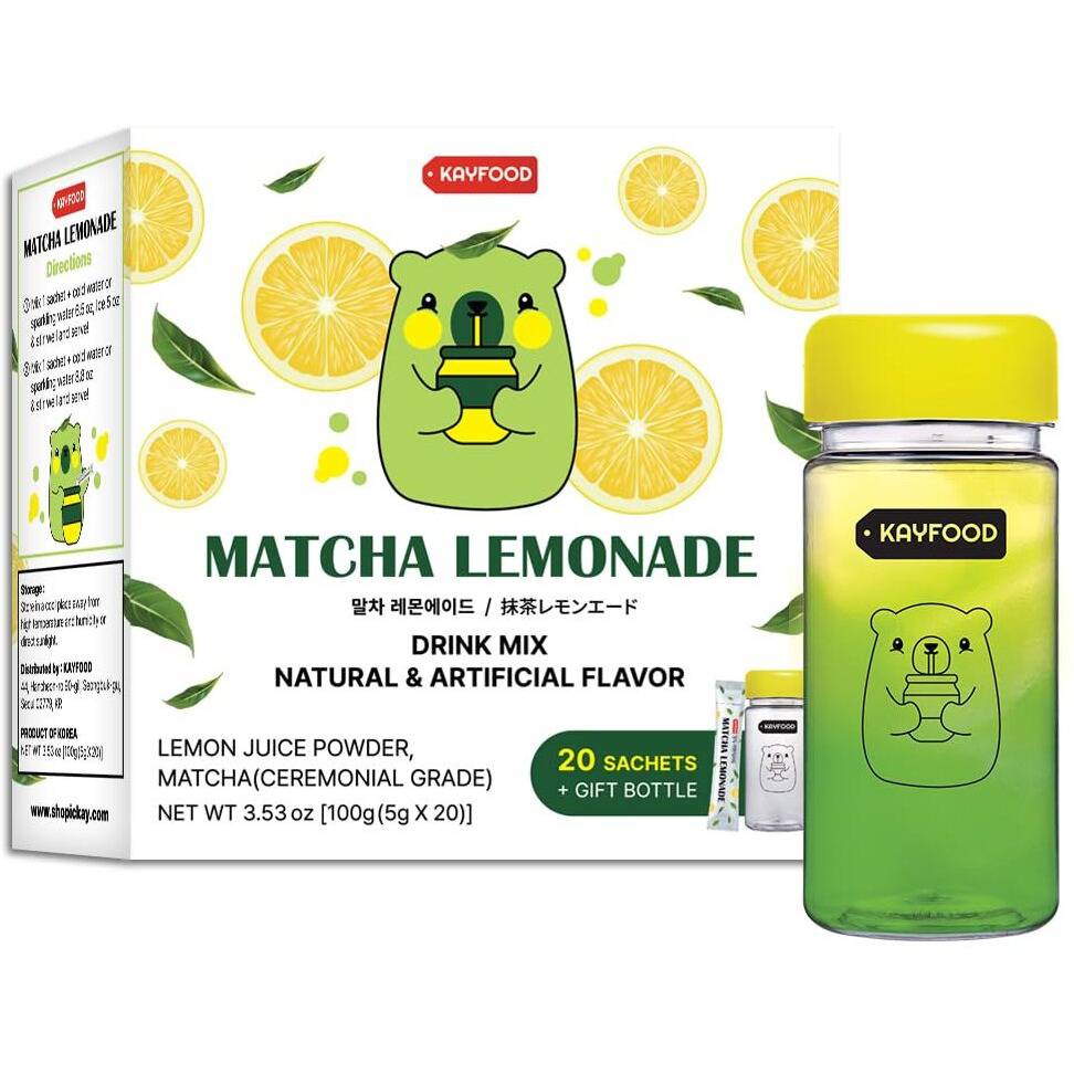 Kayfood Matcha Lemonade Premium Korean Green Tea & Lemon Juice Powder Mix 0.1Oz/5G X 20 Stick Packs (3.53Oz/100G) With Gift Bottle Sugar Free Diet Macha Green Tea Ade Matchamix