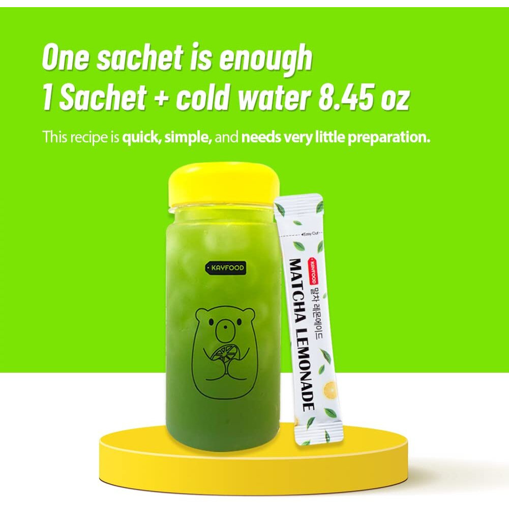 Kayfood Matcha Lemonade Premium Korean Green Tea & Lemon Juice Powder Mix 0.1Oz/5G X 20 Stick Packs (3.53Oz/100G) With Gift Bottle Sugar Free Diet Macha Green Tea Ade Matchamix