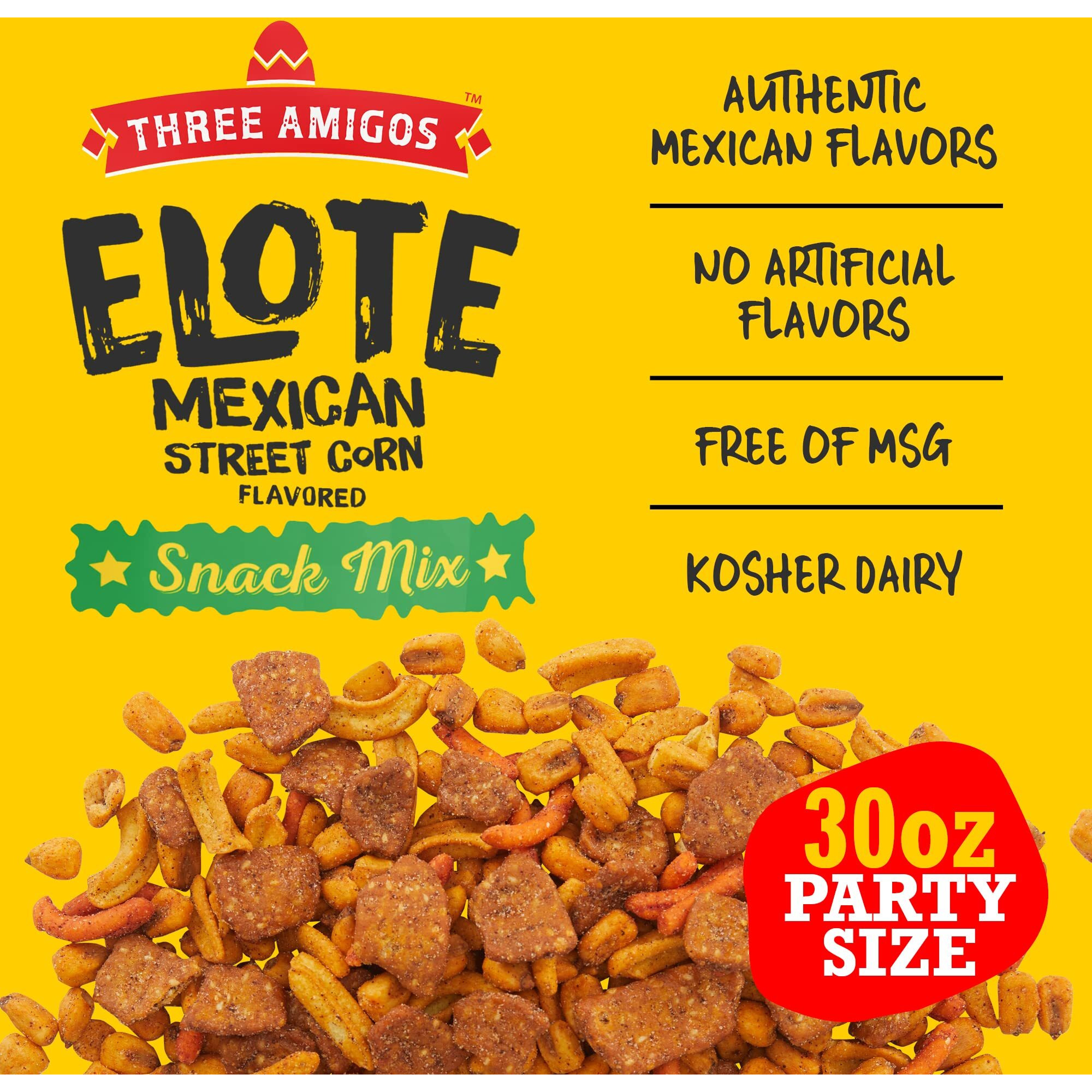 Three Amigos - Elote Mexican Street Corn Snack Mix- Deliciously Crunchy, Tangy, Hot, Sweet & Spicy Snacks - Gourmet Roasted Variety Food Snacks For Adults And Kids (Elote 30 Oz)