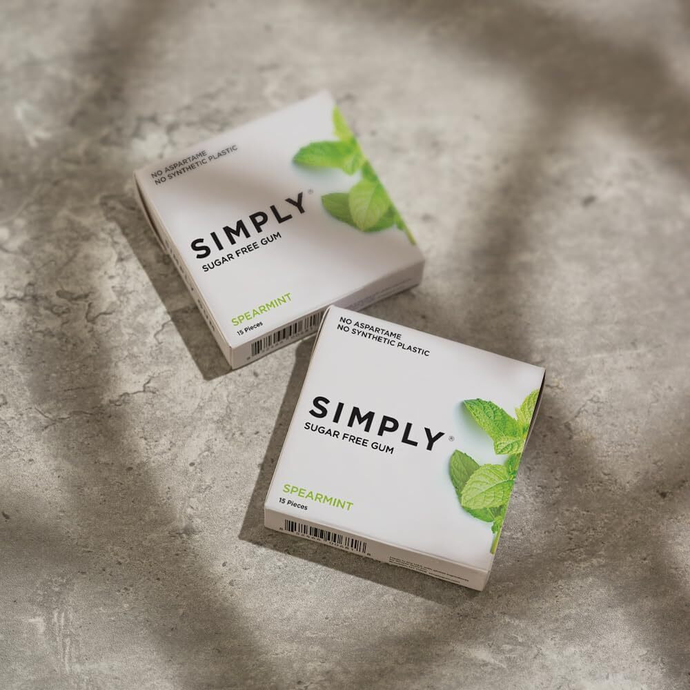 Simply Gum | Sugar Free Xylitol Chewing Gum | Spearmint | Pack Of Six (90 Pieces Total) | Synthetic Free + Sugar Free + Aspartame Free