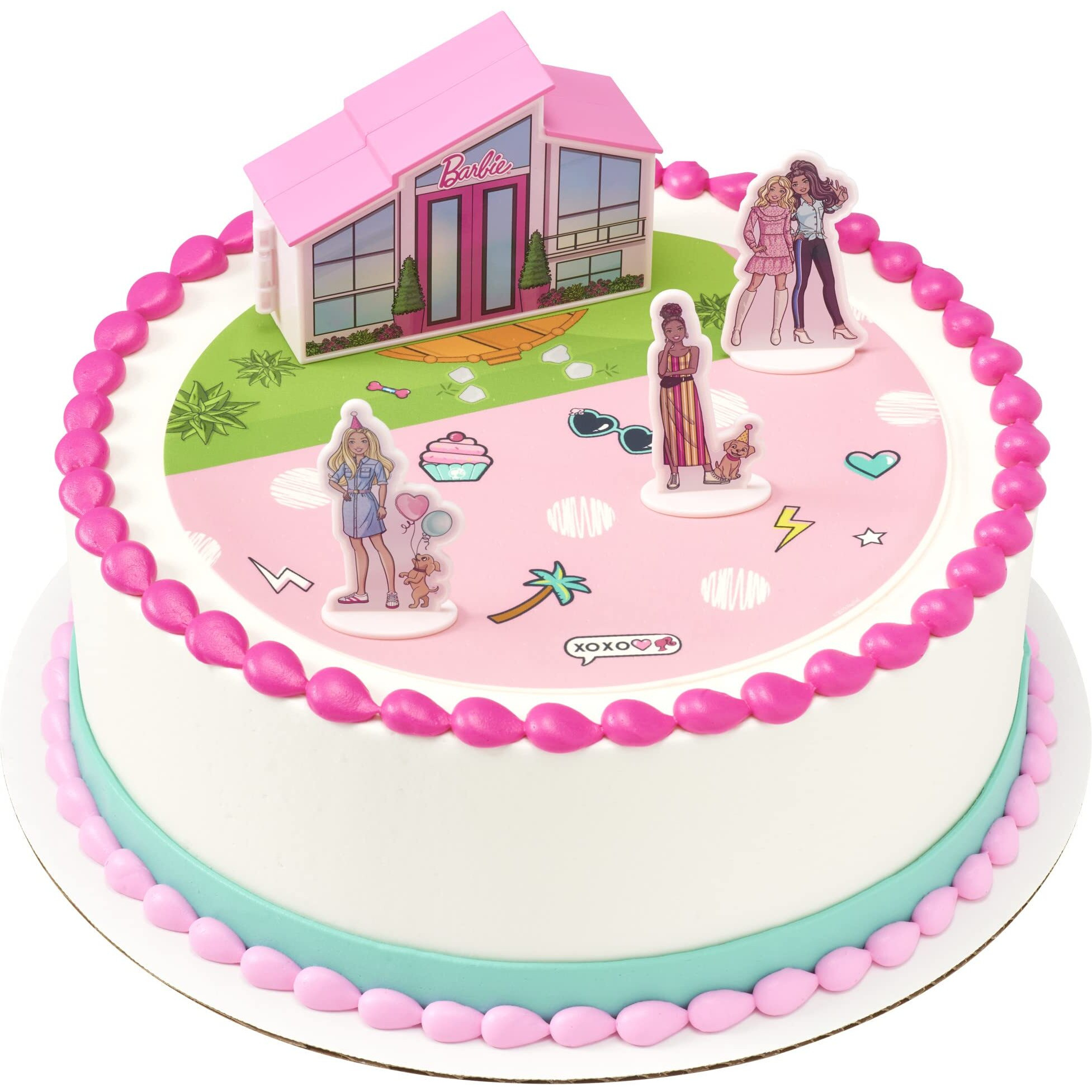 Decoset Barbie Dreamhouse Adventures Cake Topper, 4 Piece Cake Decoration With Barbie, Barbie Dreamhouse, And Friends, For Birthday Cake, Ready To Use