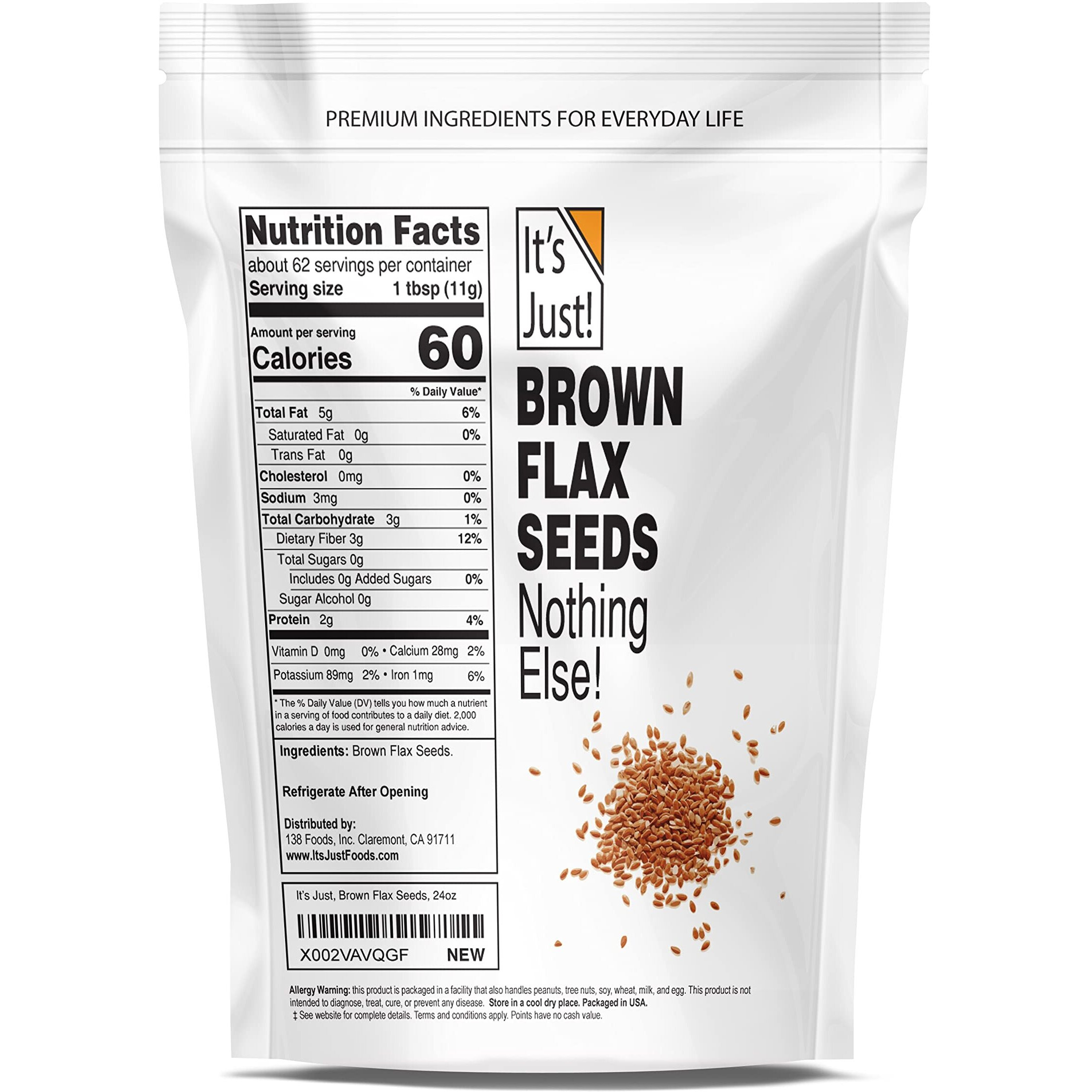 It's Just - Brown Flax Seeds, Whole, Non-Gmo, High In Fiber & Omega-3, Keto Friendly Baking, 24Oz