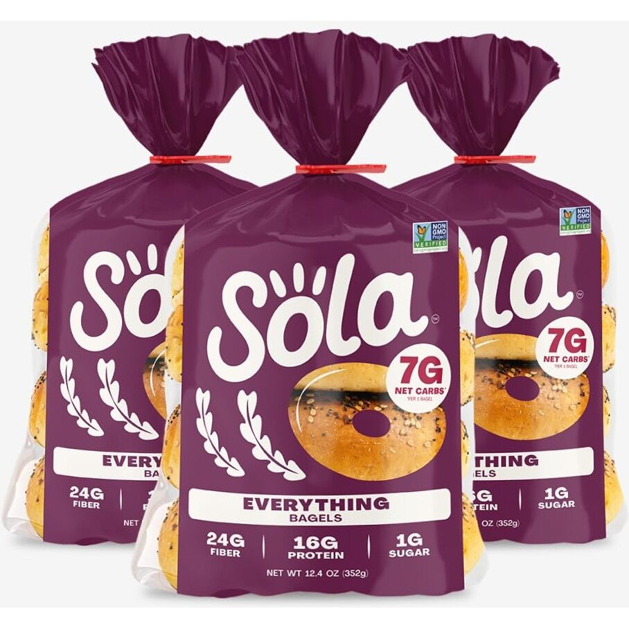 Sola Everything Bagels, Low Carb & Keto Friendly, 16G Of Protein Per Bagel & 7G Net Carbs, Non-Gmo, No Added Sugar, 12.4 Oz, (4 Bagels/Pack) (Pack Of 3)