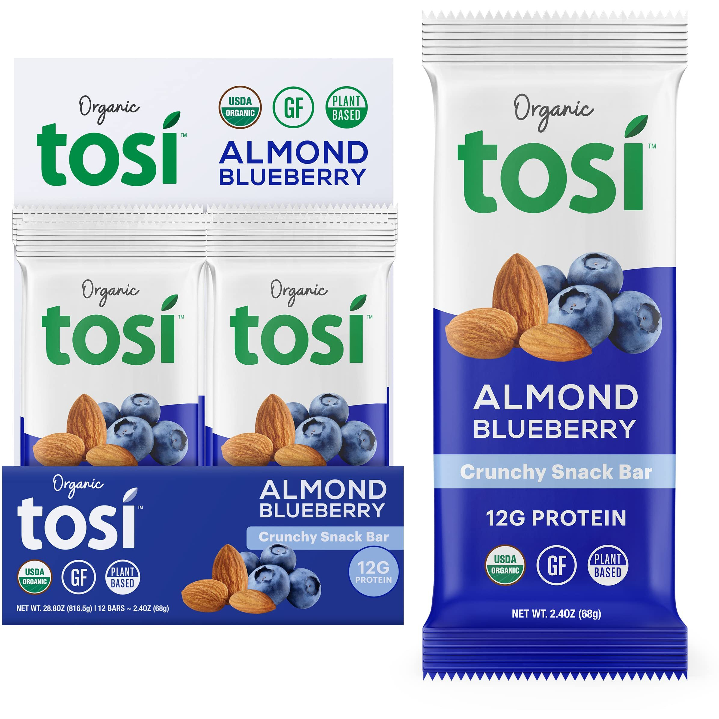 Tosi Almond Blueberry Protein Bars, Plant Based With Nuts, Gluten-Free Crunchy Snacks, Vegan, Organic, Flax & Chia Seeds, Soy-Free,Omega 3S, 12G Protein, 2.4 Oz, 12-Pack