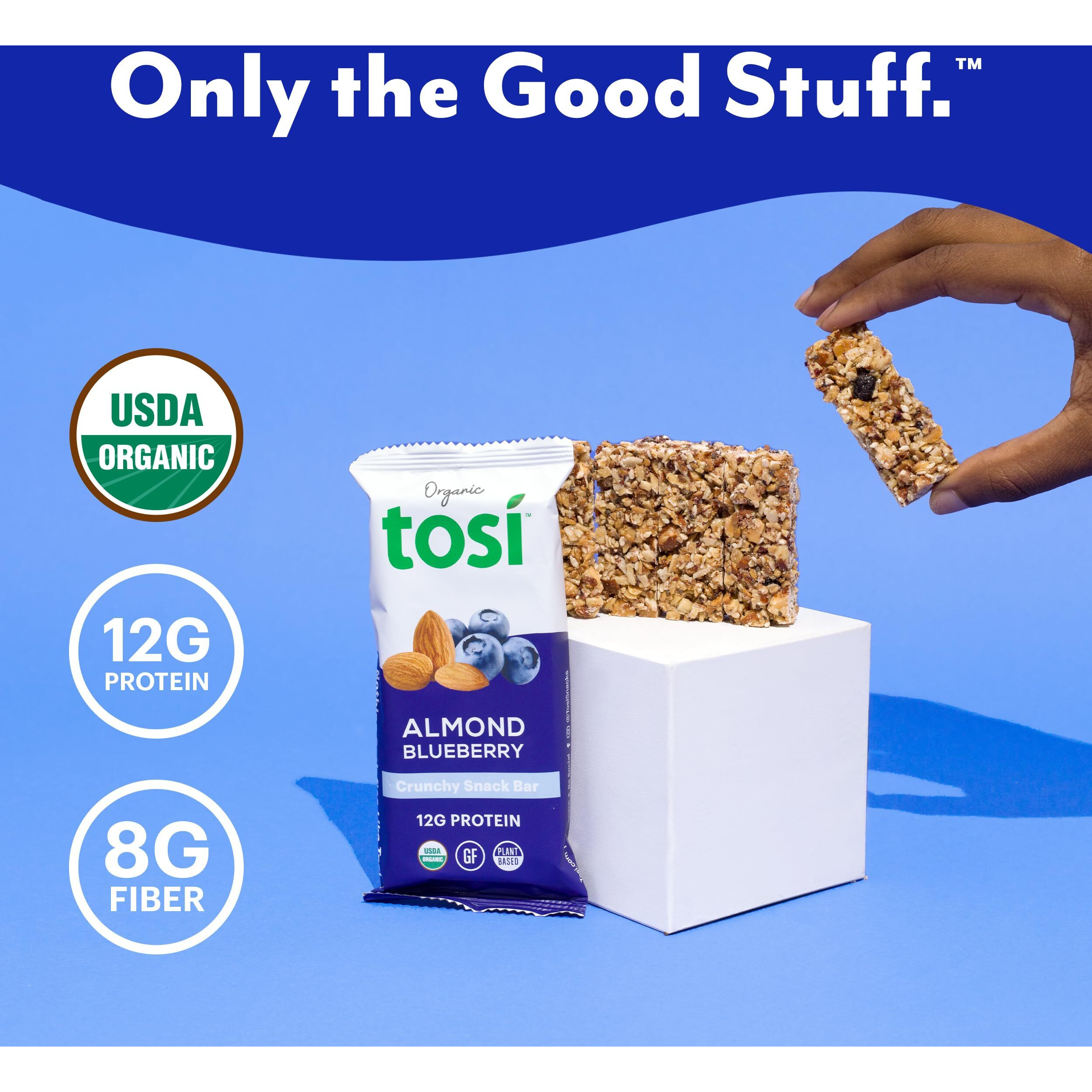 Tosi Almond Blueberry Protein Bars, Plant Based With Nuts, Gluten-Free Crunchy Snacks, Vegan, Organic, Flax & Chia Seeds, Soy-Free,Omega 3S, 12G Protein, 2.4 Oz, 12-Pack
