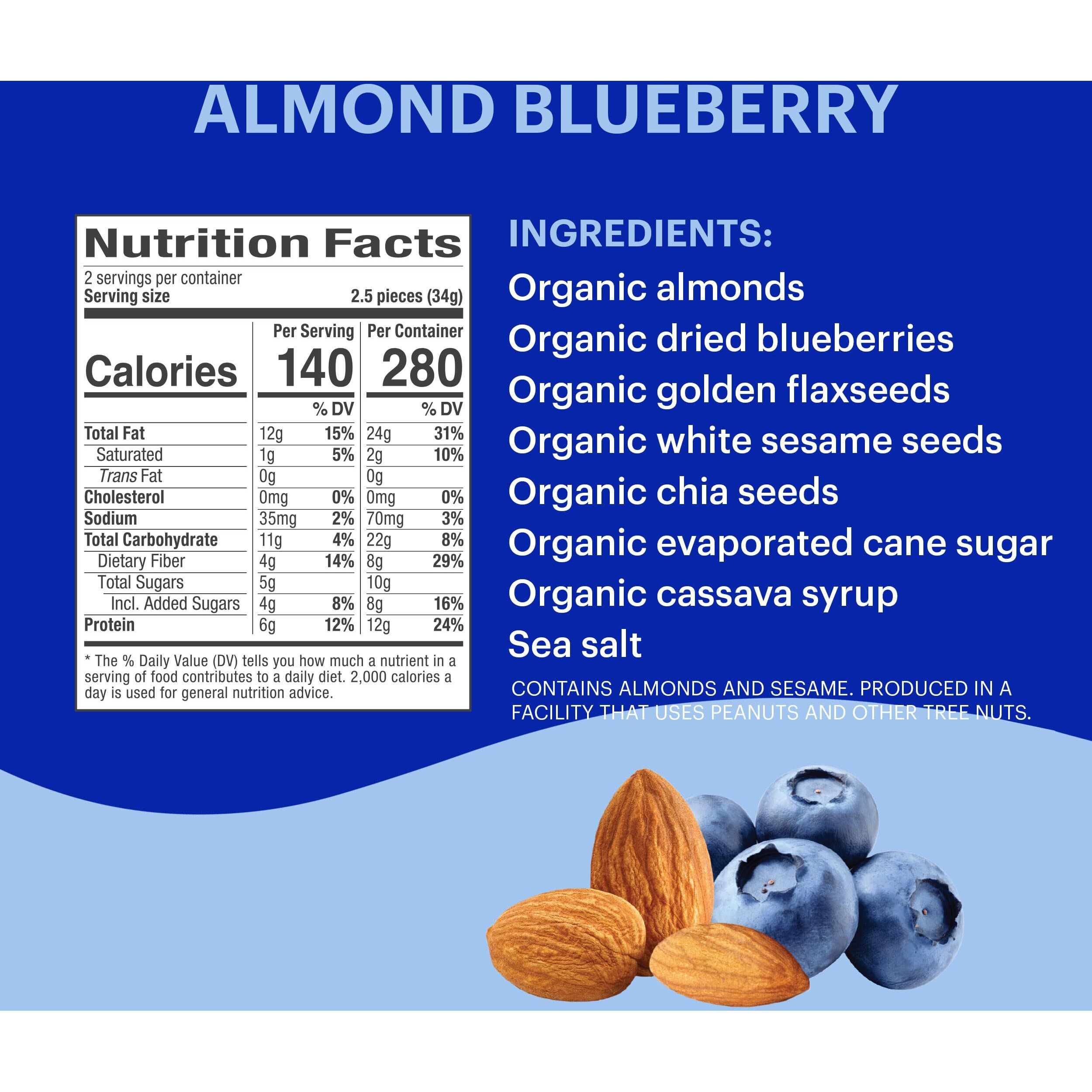 Tosi Almond Blueberry Protein Bars, Plant Based With Nuts, Gluten-Free Crunchy Snacks, Vegan, Organic, Flax & Chia Seeds, Soy-Free,Omega 3S, 12G Protein, 2.4 Oz, 12-Pack