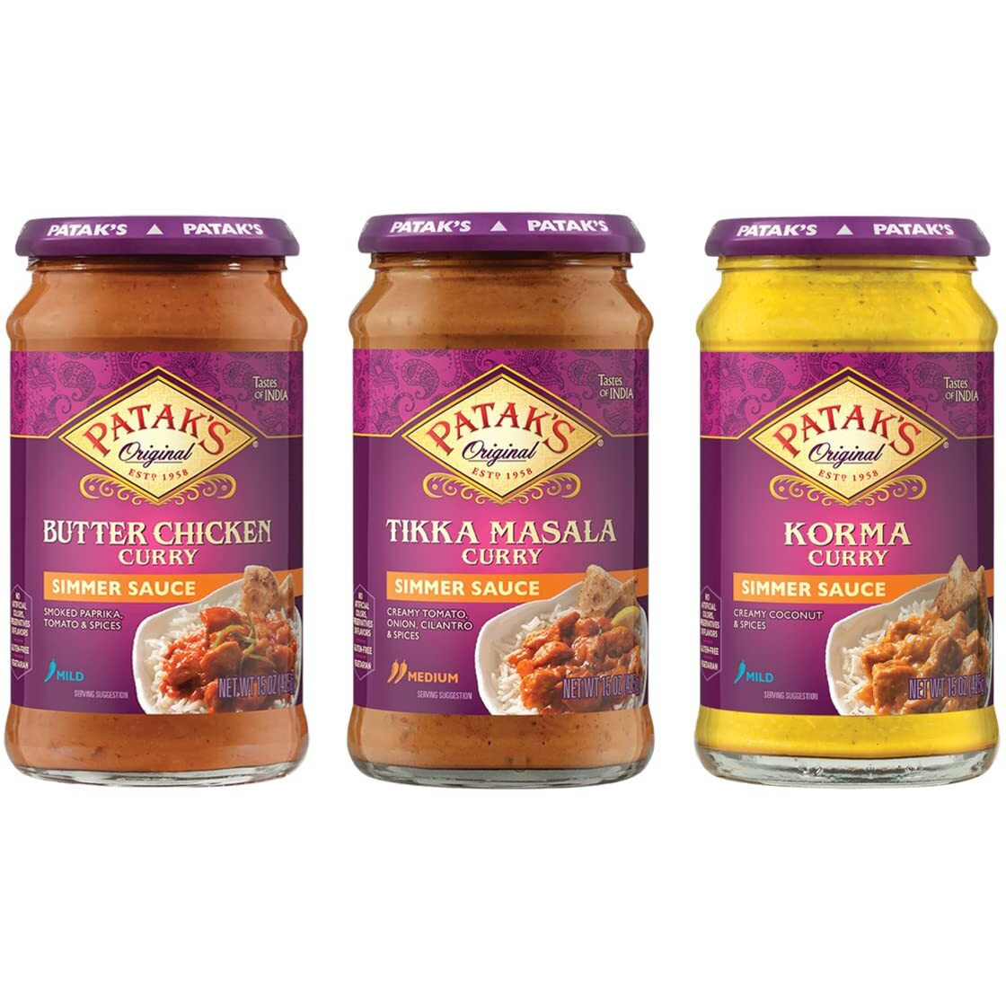 Patak's Simmer Sauce, 15 Oz (Pack Of 3), Variety Pack (1 Butter Chicken, 1 Tikka Masala, 1 Korma), No Artificial Flavors, Gluten Free, Vegetarian Friendly
