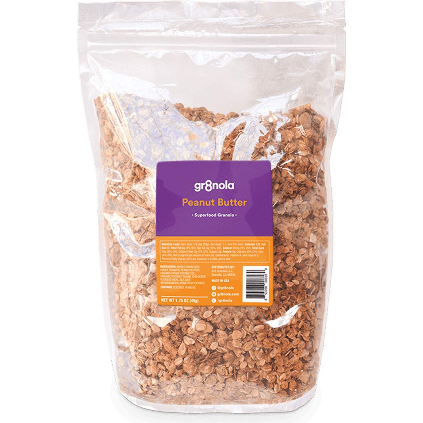 Gr8Nola Peanut Butter - Healthy, Low Sugar Bulk Granola Cereal - Made With Superfoods Peanuts, Ashwagandha, And Chia Seeds, Soy Free, Dairy Free And No Refined Sugar - 4.5Lb Resealable Bag