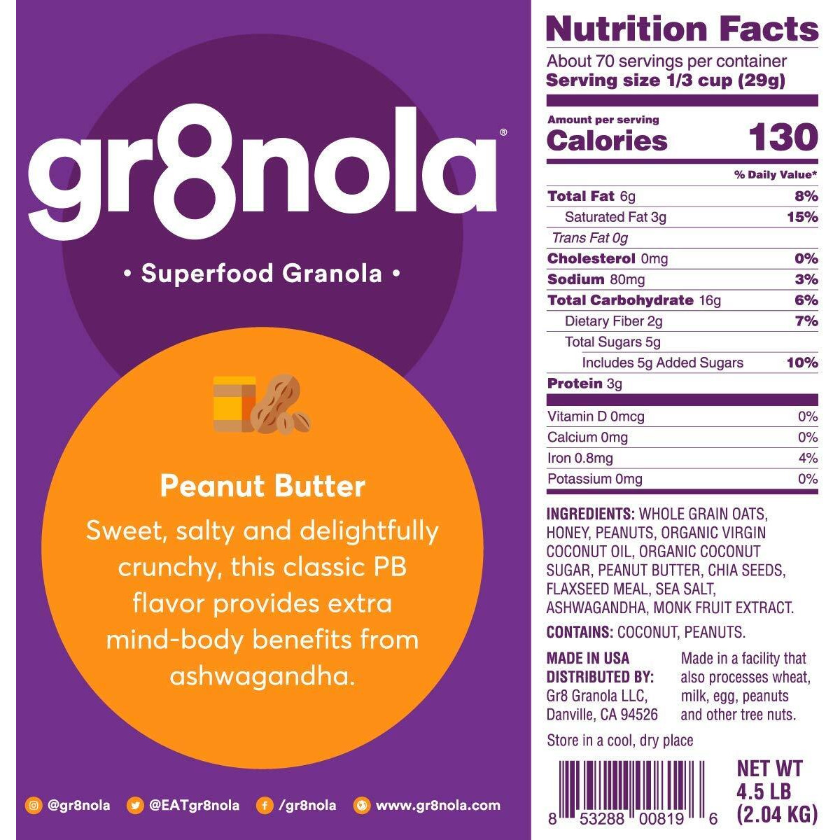 Gr8Nola Peanut Butter - Healthy, Low Sugar Bulk Granola Cereal - Made With Superfoods Peanuts, Ashwagandha, And Chia Seeds, Soy Free, Dairy Free And No Refined Sugar - 4.5Lb Resealable Bag