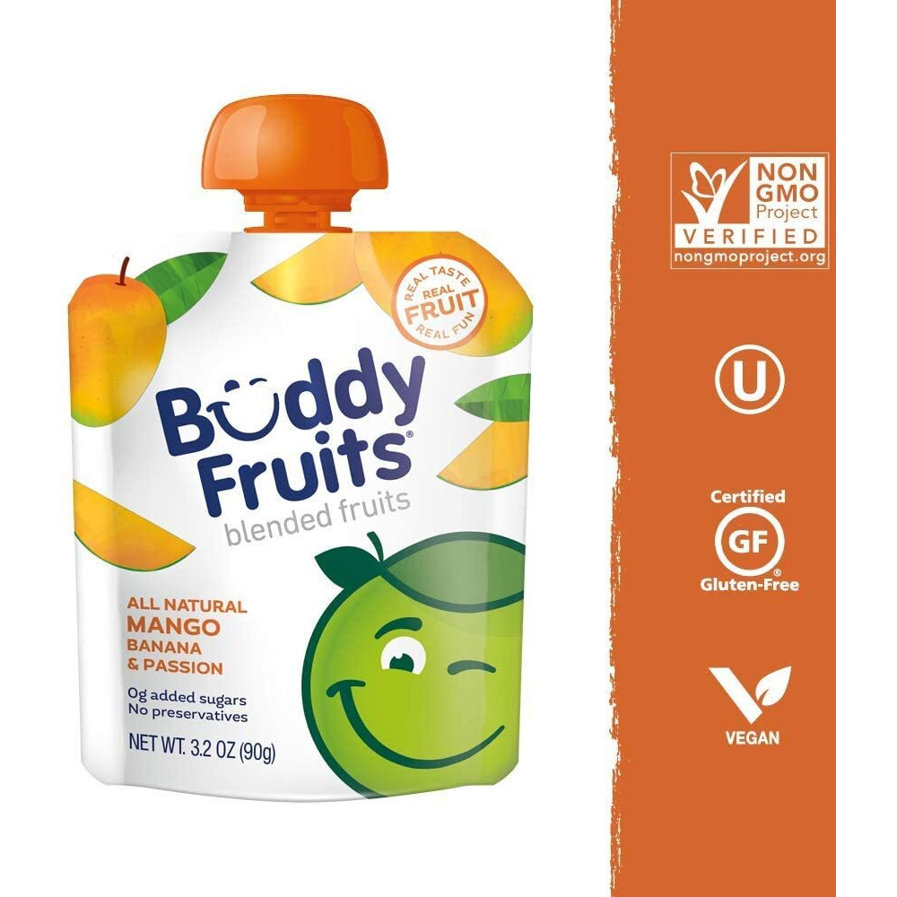 Buddy Fruits Snacks To Go Mango Unsweetened Applesauce 3.2Oz Pouch (18Pk) Gluten-Nut-Dairy-Preservatives-Bpa Free, Non Gmo, Kosher