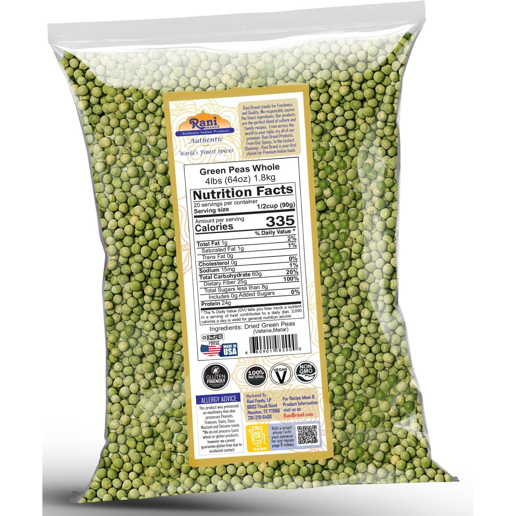 Rani Green Peas Whole, Dried (Marrowfat Peas, Vatana, Matar) 64Oz (4Lbs) 1.81Kg Bulk ~ Used To Make Mushy Peas | All Natural | Vegan | Gluten Friendly | Kosher | Product Of Usa