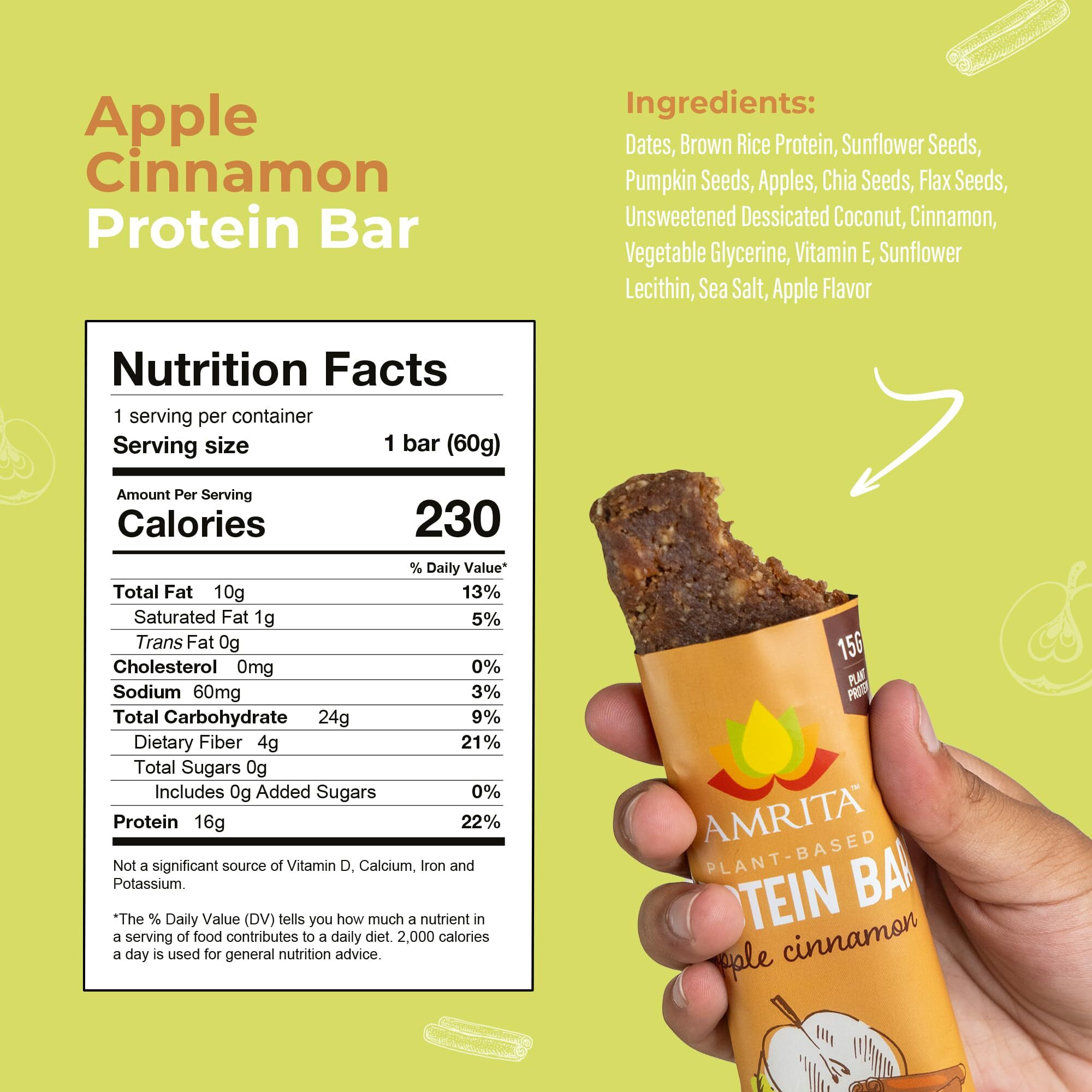 Amrita Apple Cinnamon Vegan Protein Bars, Peanut/Dairy Free, Soy & Gluten Free, 15G Plant Based Protein Bars, High Fiber, Low Sugar Meal Replacement Bar - Breakfast Bars