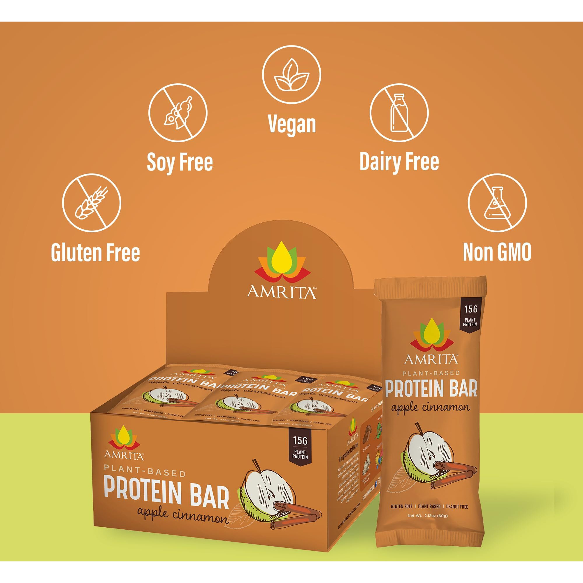 Amrita Apple Cinnamon Vegan Protein Bars, Peanut/Dairy Free, Soy & Gluten Free, 15G Plant Based Protein Bars, High Fiber, Low Sugar Meal Replacement Bar - Breakfast Bars