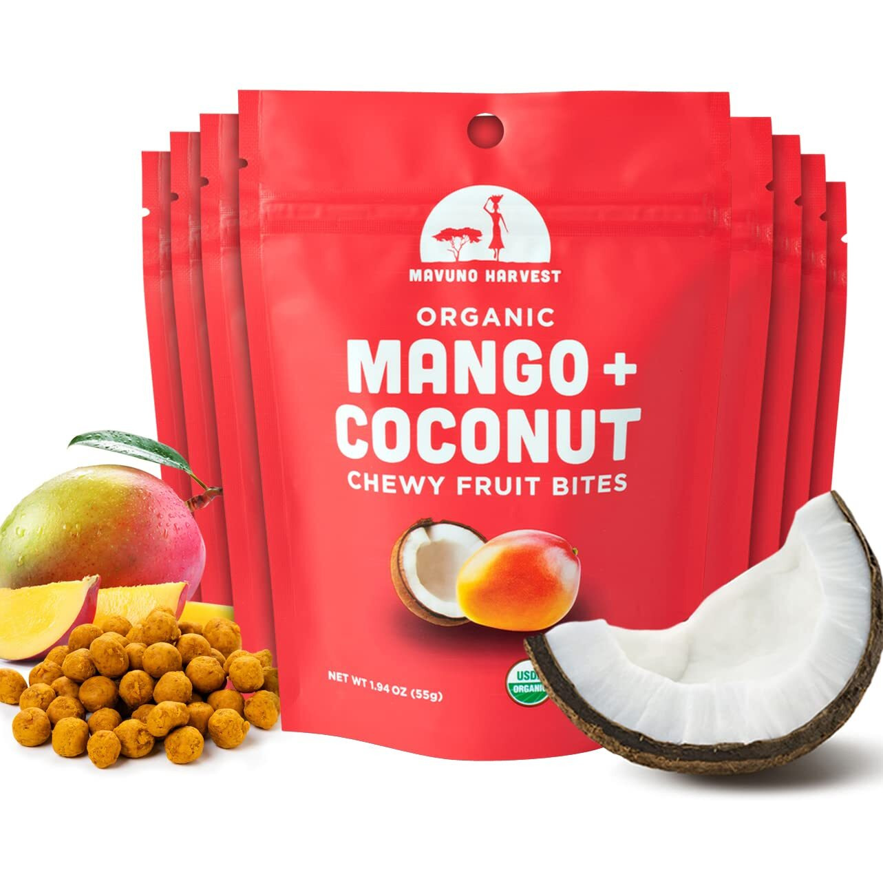 Mavuno Harvest Organic Fruit Snacks - Chewy Fruit Bites - Healthy Food For Kids & Adults - Ethically Sourced, Non-Gmo, No Preservatives - Mango & Coconut - 1.94-Oz. Snack Packs, Pack Of 8