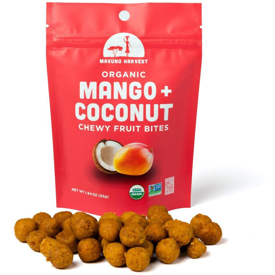 Mavuno Harvest Organic Fruit Snacks - Chewy Fruit Bites - Healthy Food For Kids & Adults - Ethically Sourced, Non-Gmo, No Preservatives - Mango & Coconut - 1.94-Oz. Snack Packs, Pack Of 8