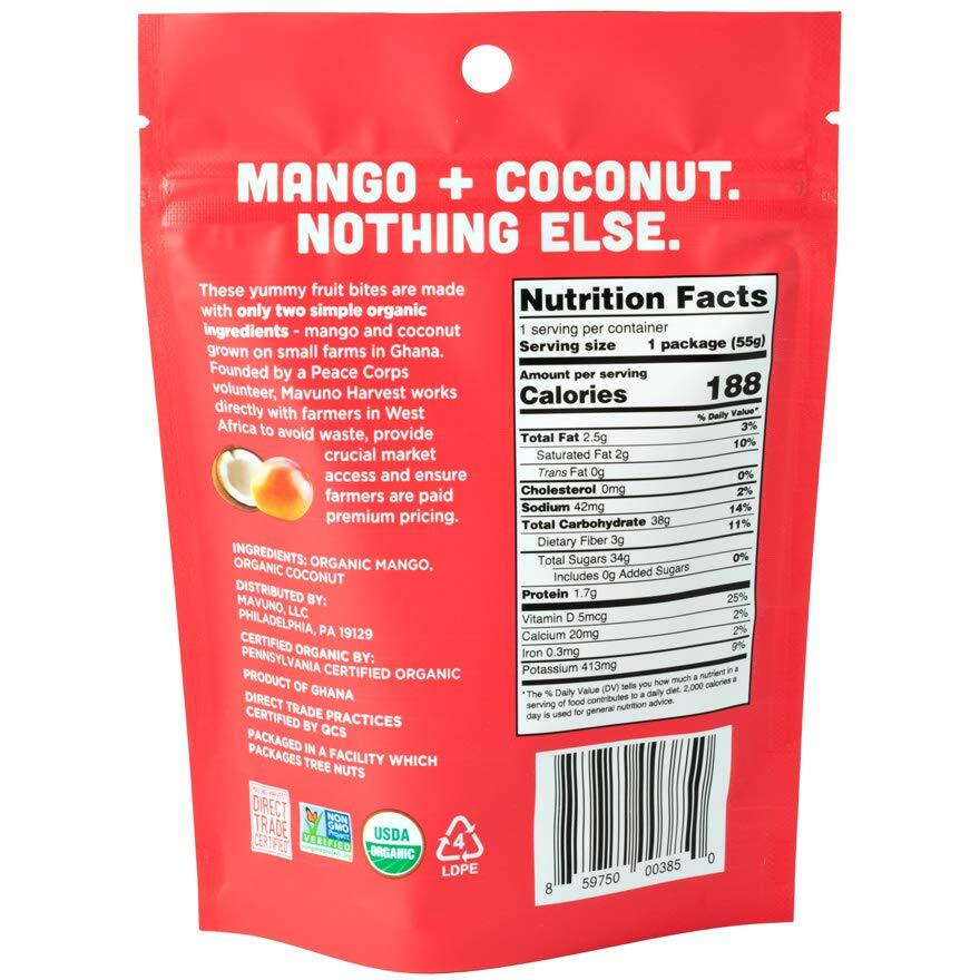 Mavuno Harvest Organic Fruit Snacks - Chewy Fruit Bites - Healthy Food For Kids & Adults - Ethically Sourced, Non-Gmo, No Preservatives - Mango & Coconut - 1.94-Oz. Snack Packs, Pack Of 8