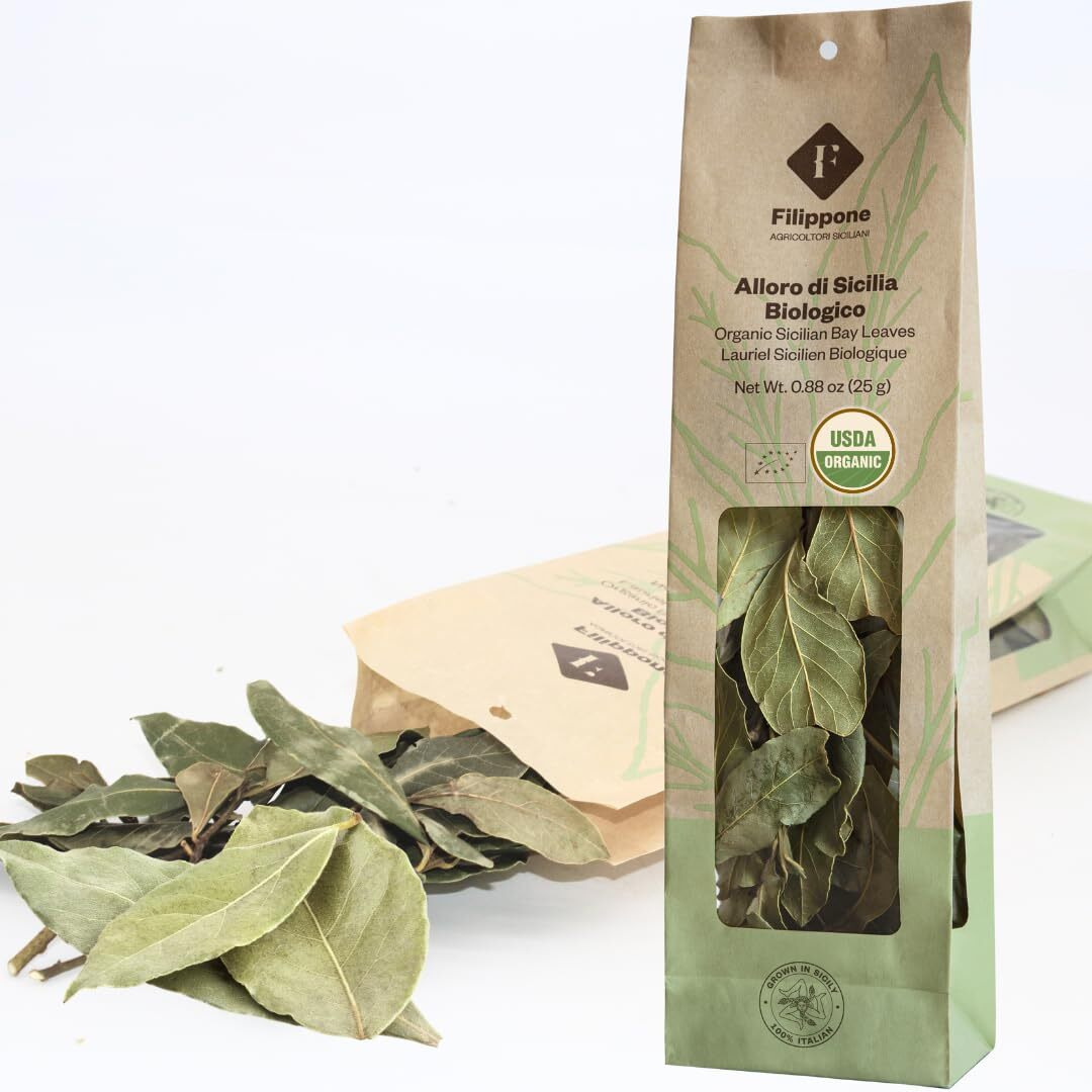 Organic Bay Leaves On Stem, 25 G (0.88 Oz), Laurel, Filippone, Picked Fresh Italian Dried Bay Leaf Sprigs, Sicilian, Freshly Grown In The Mountains Of Sicily, Whole Bay Leaves Certified Usda Organic
