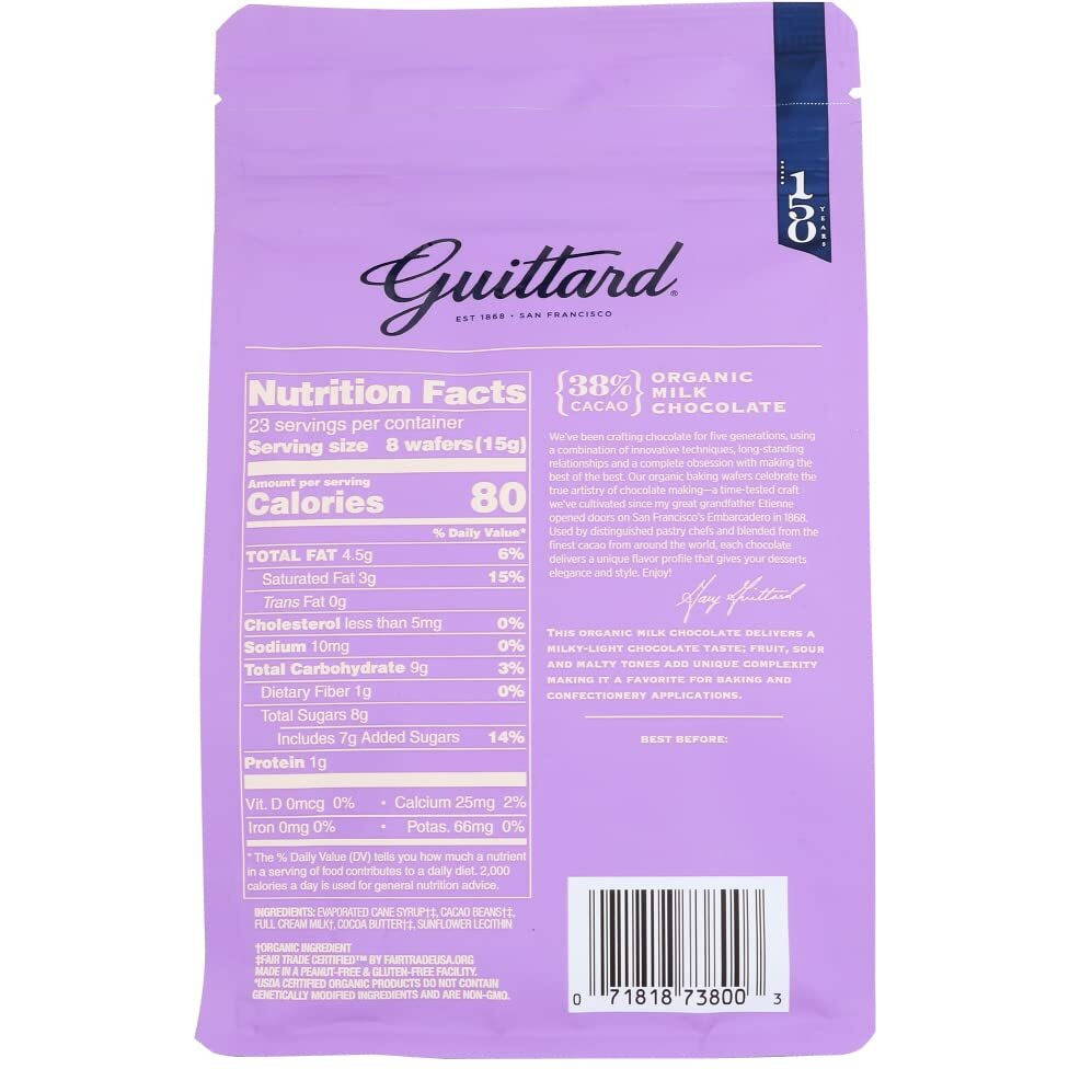 Guittard, Baking Wafer Milk Chocolate 38% Organic, 12 Ounce