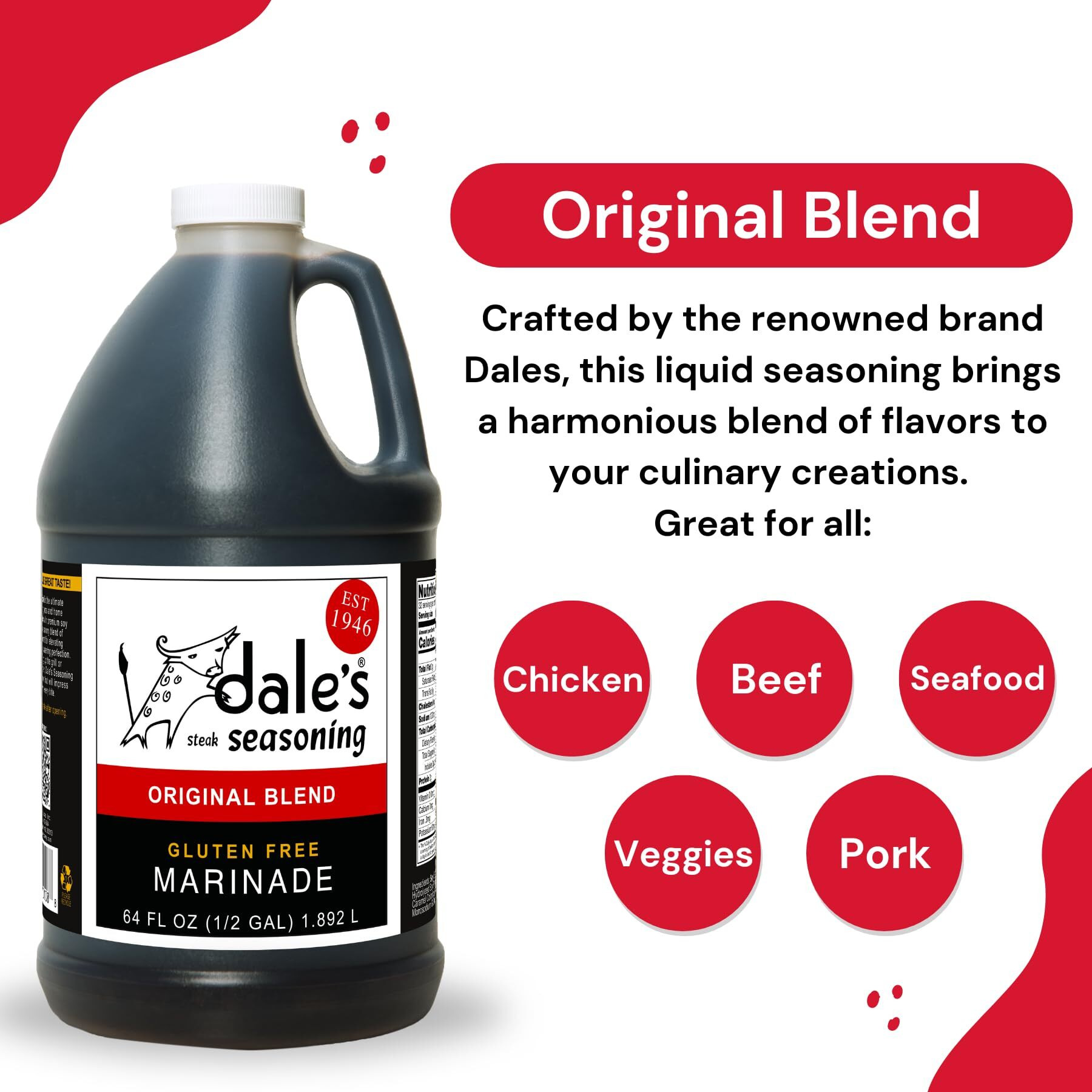 Original Steak, Poultry And Vegetable Seasoning By Dale's, Gluten Free | Delicious On All Meats, Fish, And Vegetables | 64 Oz Bottle (3) | No Long Marinating, Savory Blend Of Exotic Spice Family Size