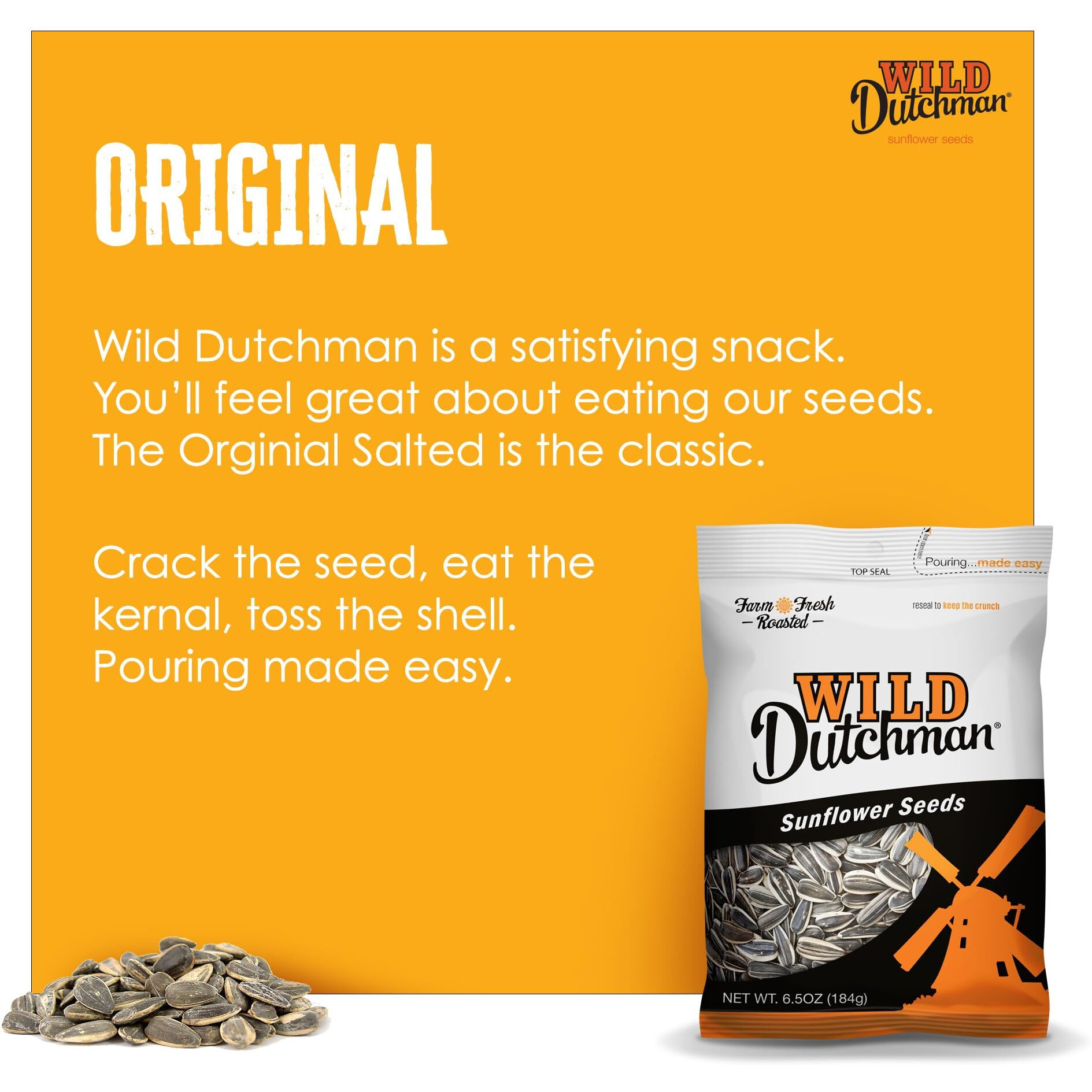 Wild Dutchman Roasted Sunflower Seeds In A Resealable Bag For Ultimate Freshness And An Easy Pour Snack, Salted Original Flavor, 6.5 Oz (Pack Of 12)