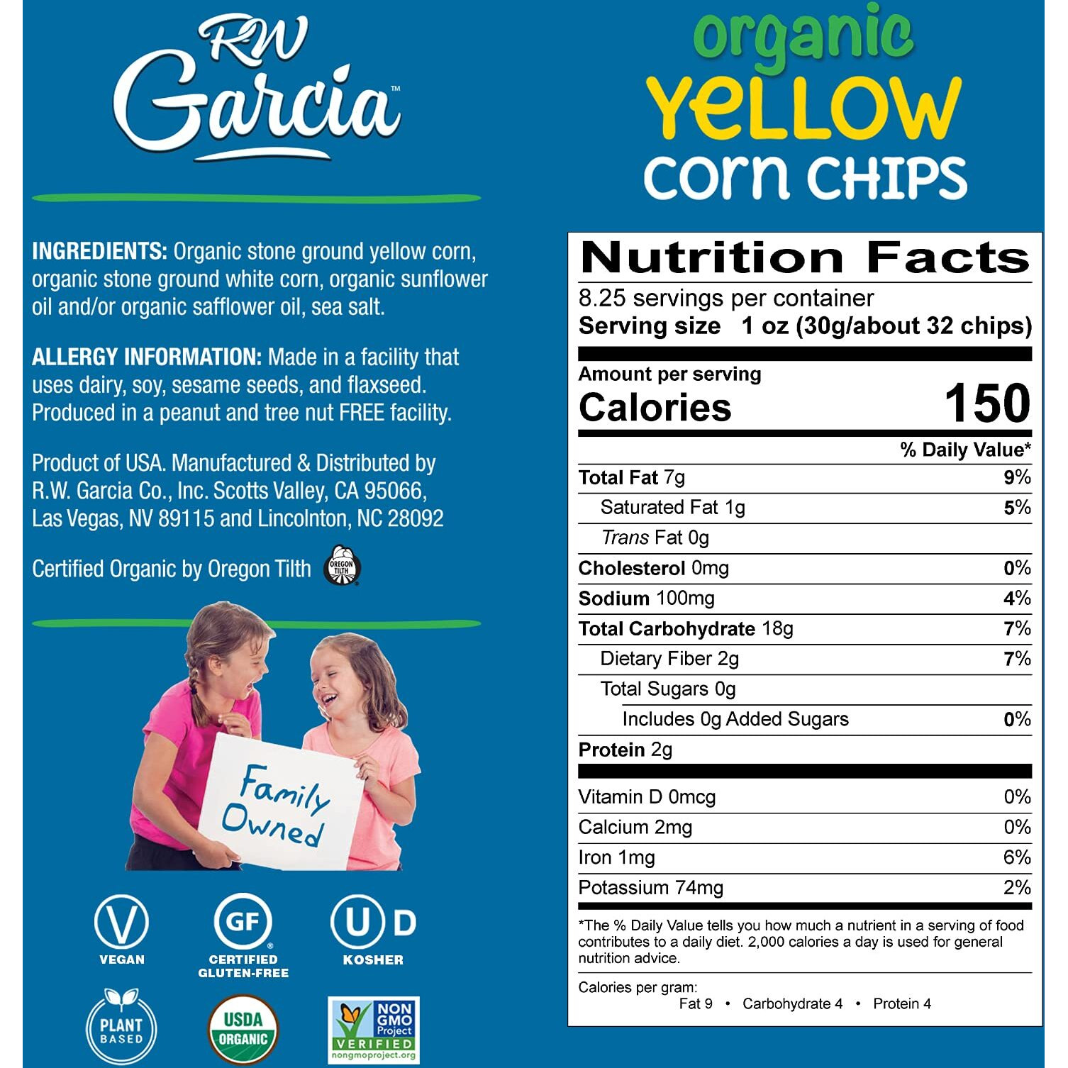 Rw Garcia Organic Yellow Corn Chips, Gluten Free, 8.25Oz Bags, 4 Pack