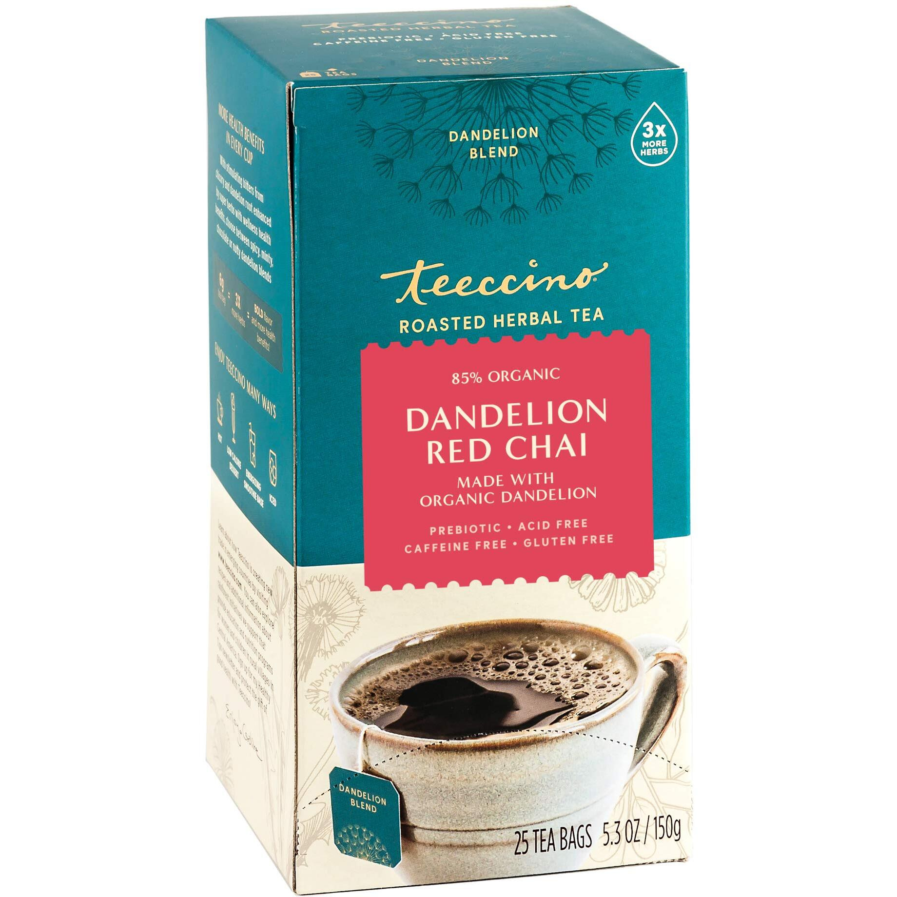 Teeccino Dandelion Red Chai Tea - Caffeine-Free, Roasted Herbal Tea With Prebiotics, 3X More Herbs Than Regular Tea Bags, Gluten Free - 25 Tea Bags