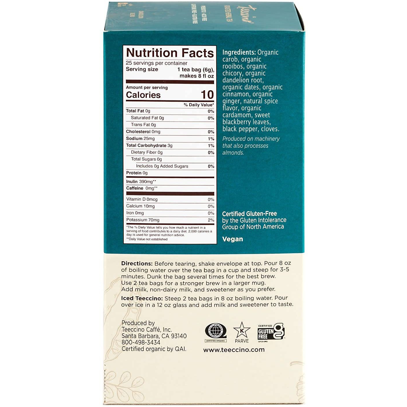 Teeccino Dandelion Red Chai Tea - Caffeine-Free, Roasted Herbal Tea With Prebiotics, 3X More Herbs Than Regular Tea Bags, Gluten Free - 25 Tea Bags