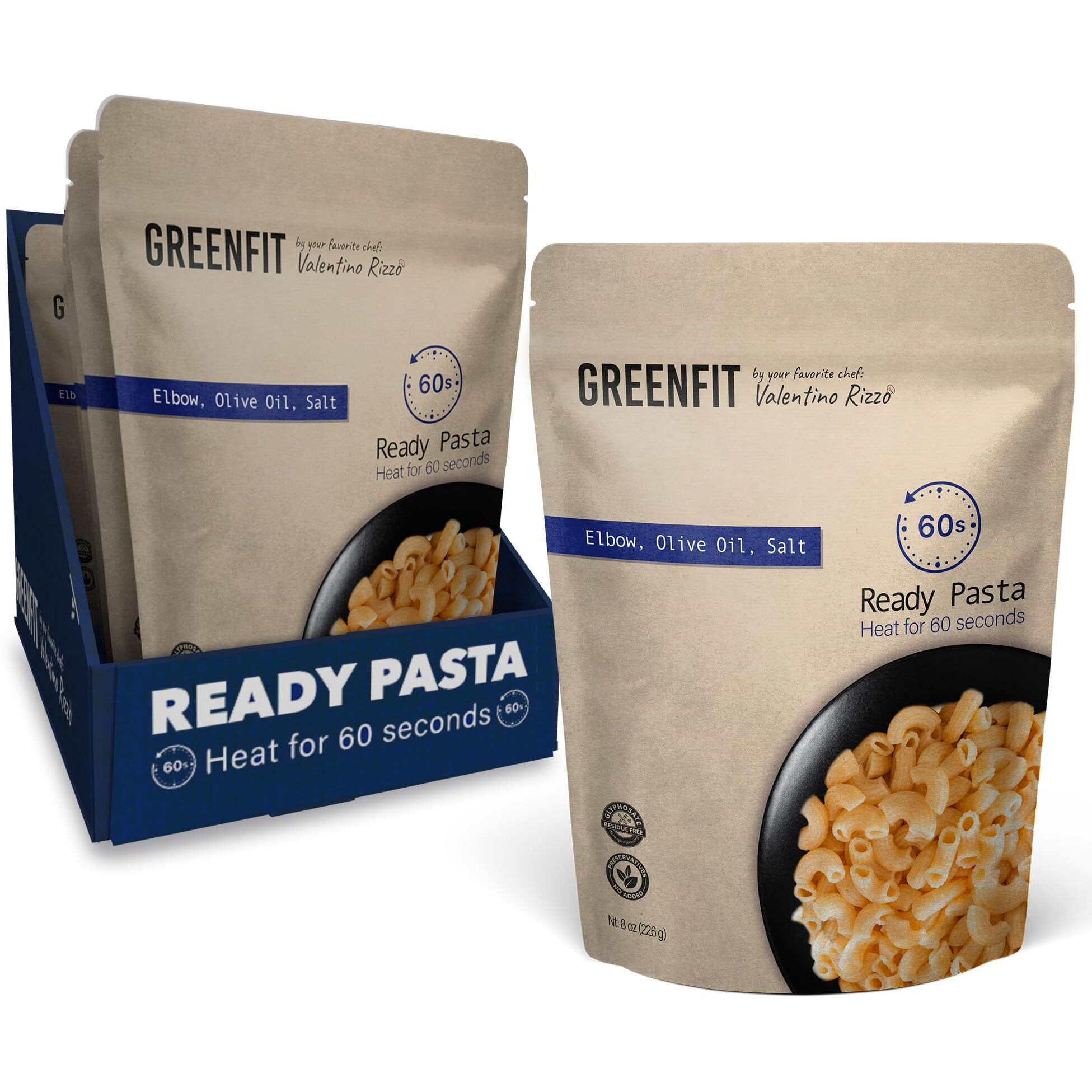 Ready To Eat Pasta | Microwavable | Elbow Shape | Greenfit By Chef Valentino Rizzo | Glyphosate Free | Simple Clean Ingredients | (8 Ounce - Pack Of 6)