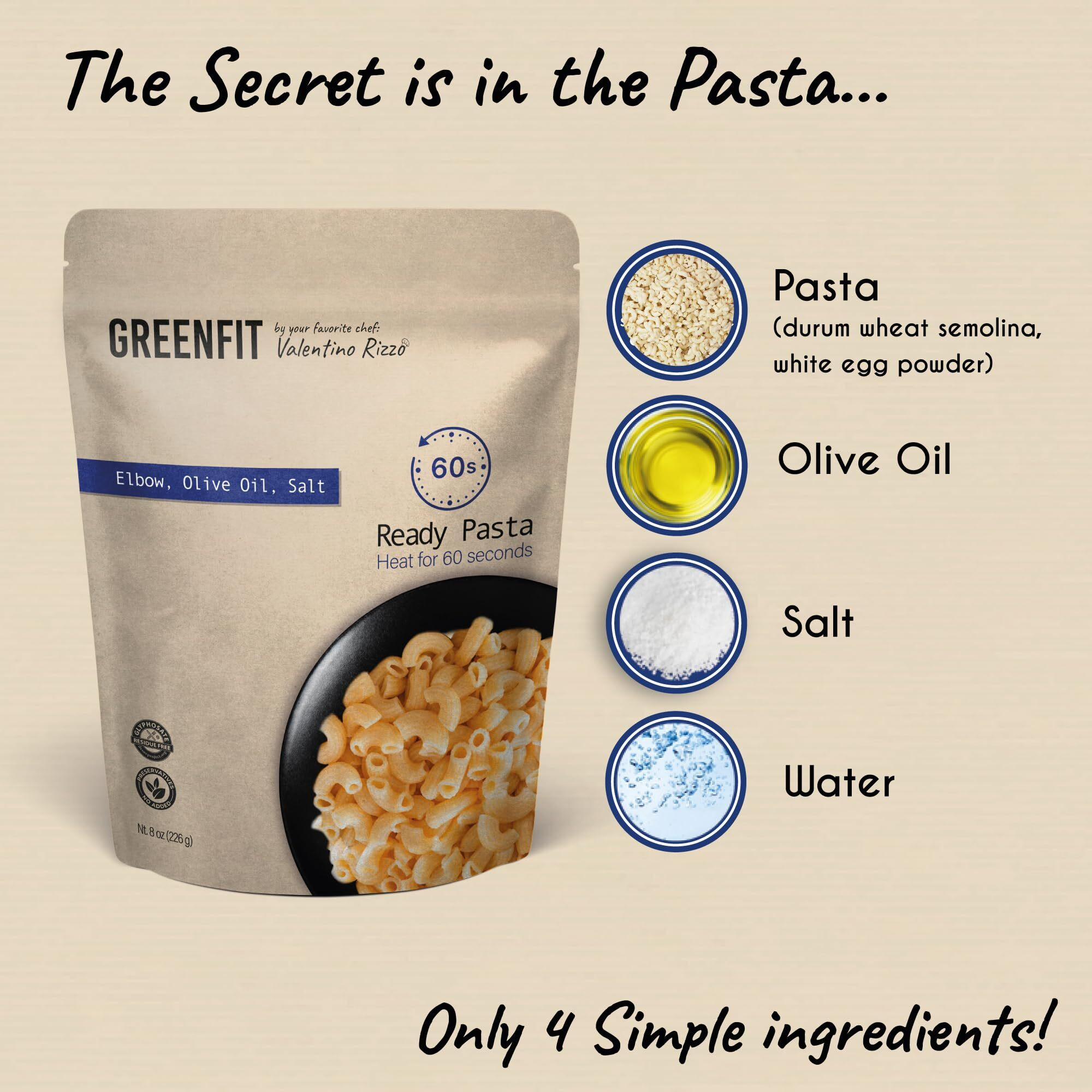 Ready To Eat Pasta | Microwavable | Elbow Shape | Greenfit By Chef Valentino Rizzo | Glyphosate Free | Simple Clean Ingredients | (8 Ounce - Pack Of 6)