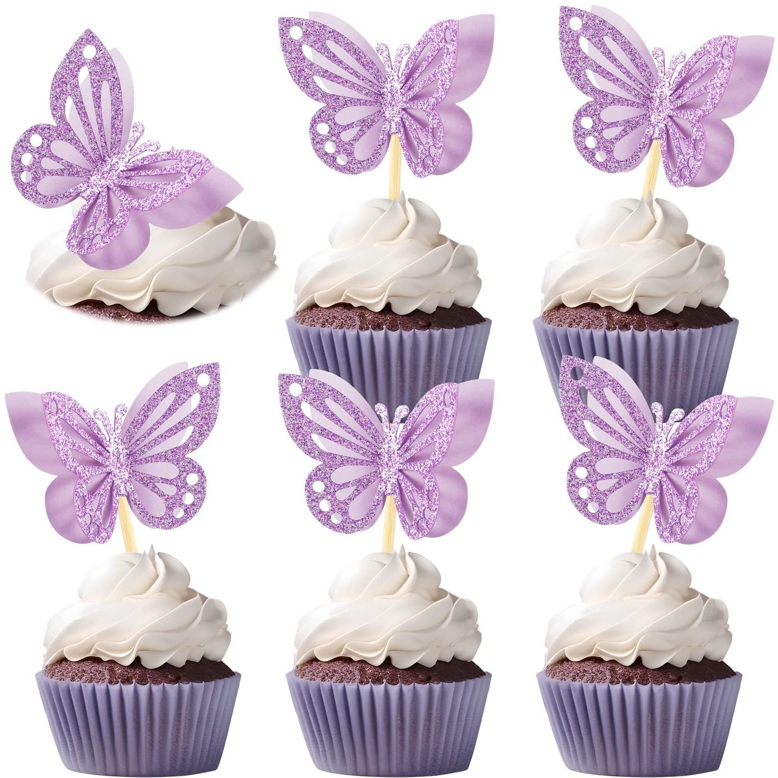 Chinco 48 Pcs Butterfly Cupcake Toppers Assembled Double Layer Cupcake Topper 3D Glitter Cupcake Topper Butterfly Cocktail Pick Decoration For Baby Shower Birthday Wedding (Purple,Classic Style)