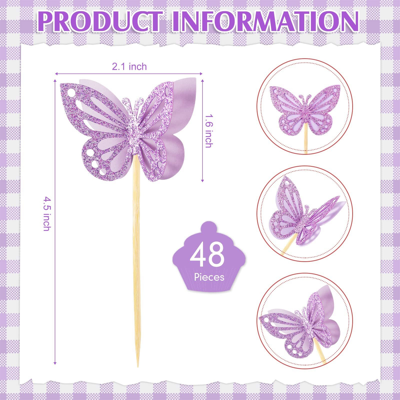Chinco 48 Pcs Butterfly Cupcake Toppers Assembled Double Layer Cupcake Topper 3D Glitter Cupcake Topper Butterfly Cocktail Pick Decoration For Baby Shower Birthday Wedding (Purple,Classic Style)