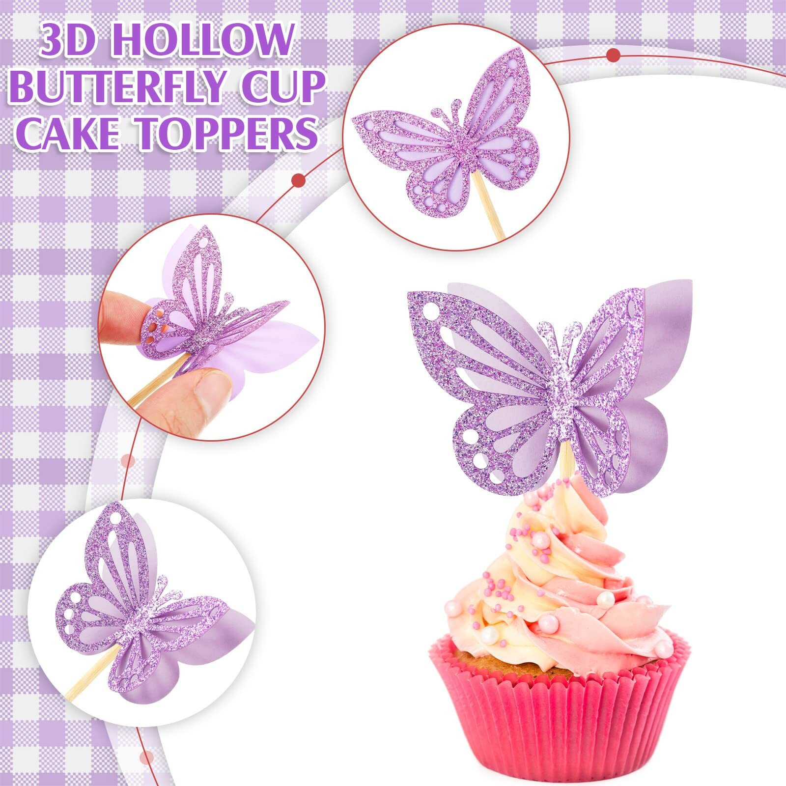 Chinco 48 Pcs Butterfly Cupcake Toppers Assembled Double Layer Cupcake Topper 3D Glitter Cupcake Topper Butterfly Cocktail Pick Decoration For Baby Shower Birthday Wedding (Purple,Classic Style)