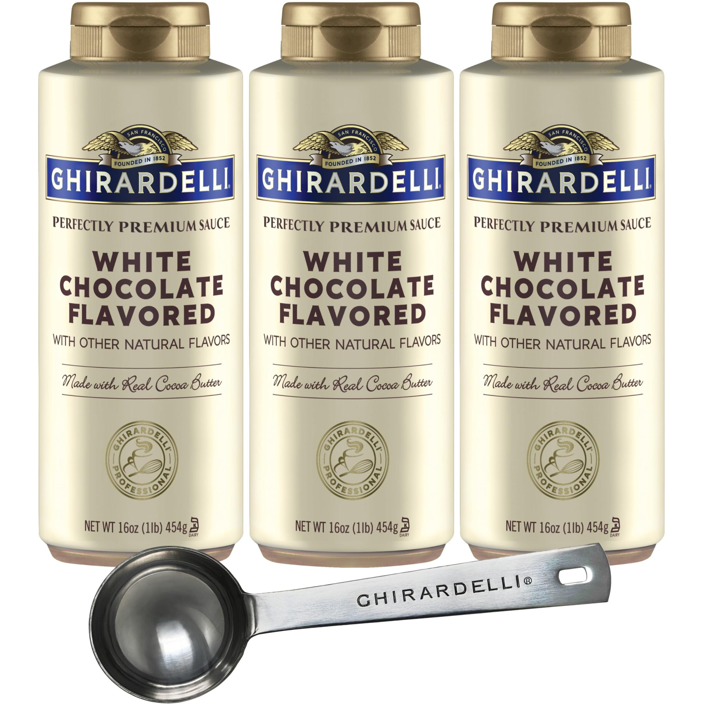 Ghirardelli White Chocolate Sauce Squeeze Bottles 16 Oz (Pack Of 3) With Ghirardelli Stamped Barista Spoon