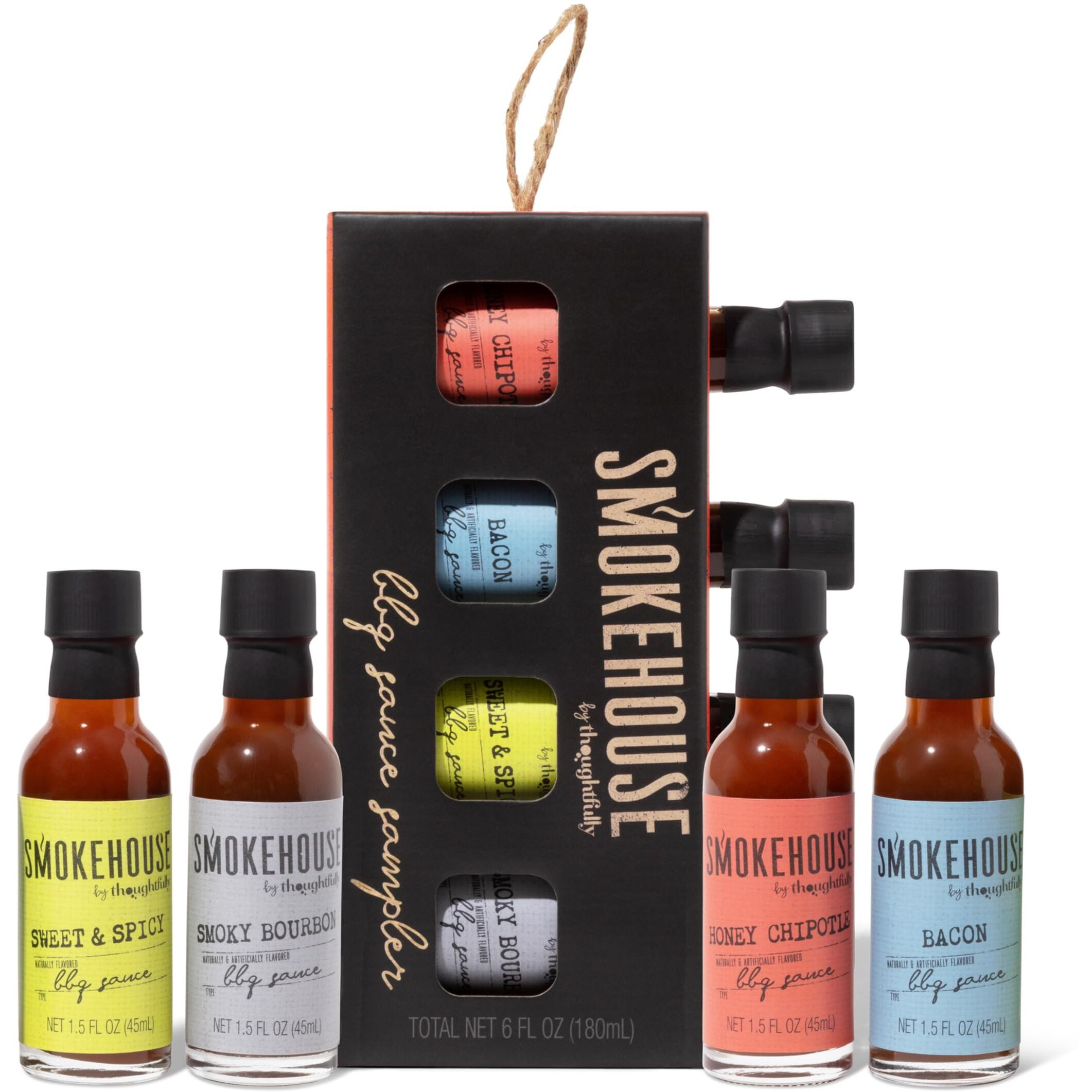 Smokehouse By Thoughtfully, Gourmet Bbq Sauce Sampler Set, Vegan And Vegetarian, Flavors Include Honey Chipotle, Smoky Bourbon, Sweet And Spicy, And Bacon Bbq Sauce, Pack Of 4