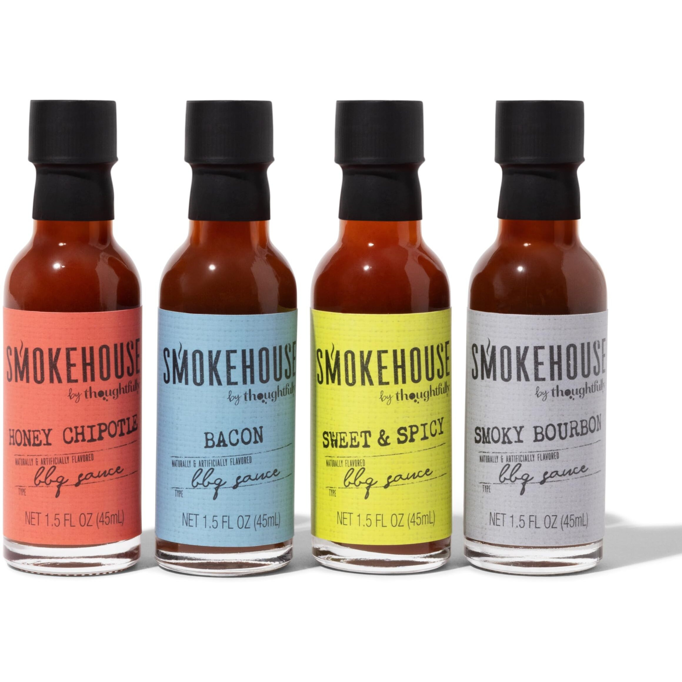 Smokehouse By Thoughtfully, Gourmet Bbq Sauce Sampler Set, Vegan And Vegetarian, Flavors Include Honey Chipotle, Smoky Bourbon, Sweet And Spicy, And Bacon Bbq Sauce, Pack Of 4