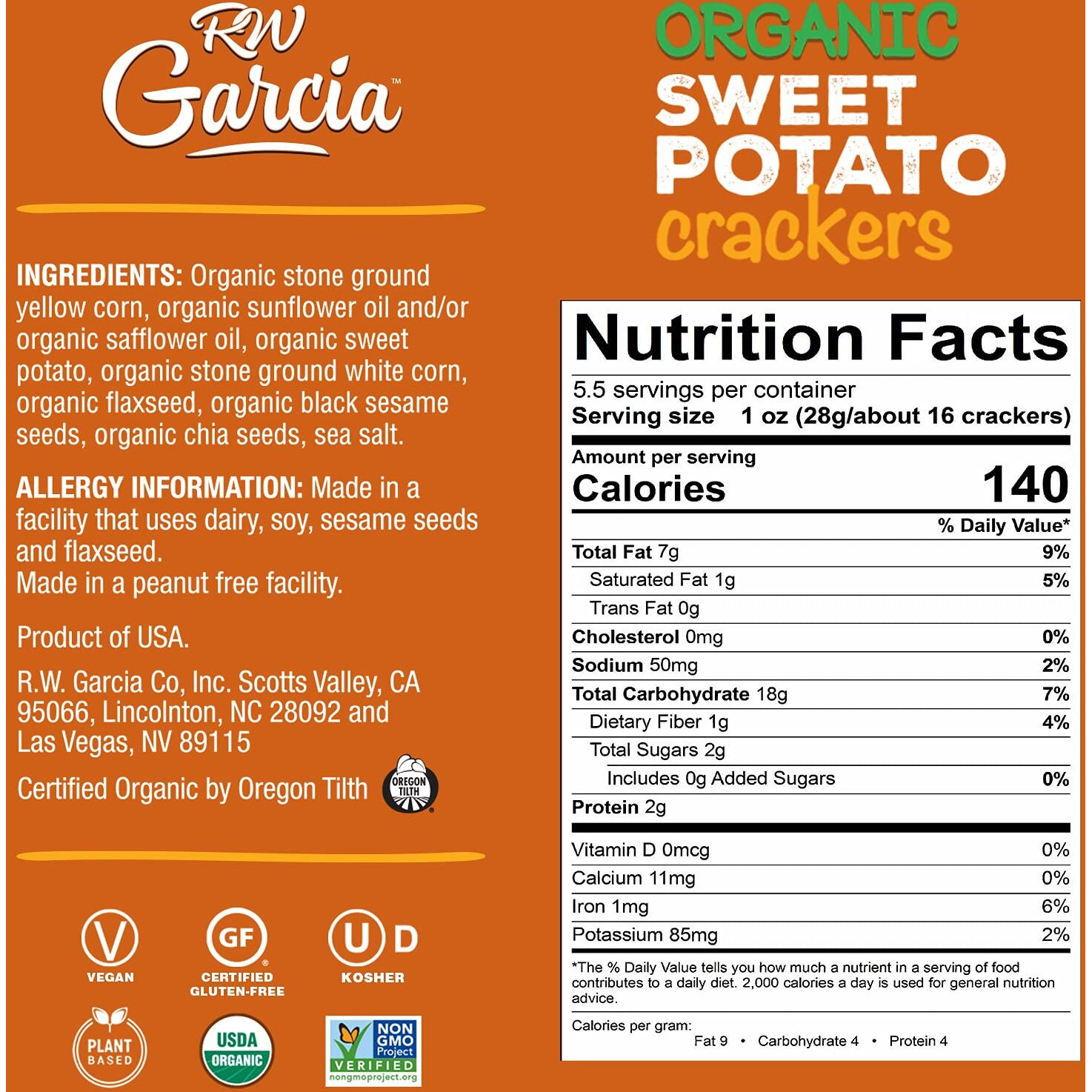 Rw Garcia Organic Sweet Potato Crackers, Gluten Free, 5.5Oz Boxes, 6 Pack