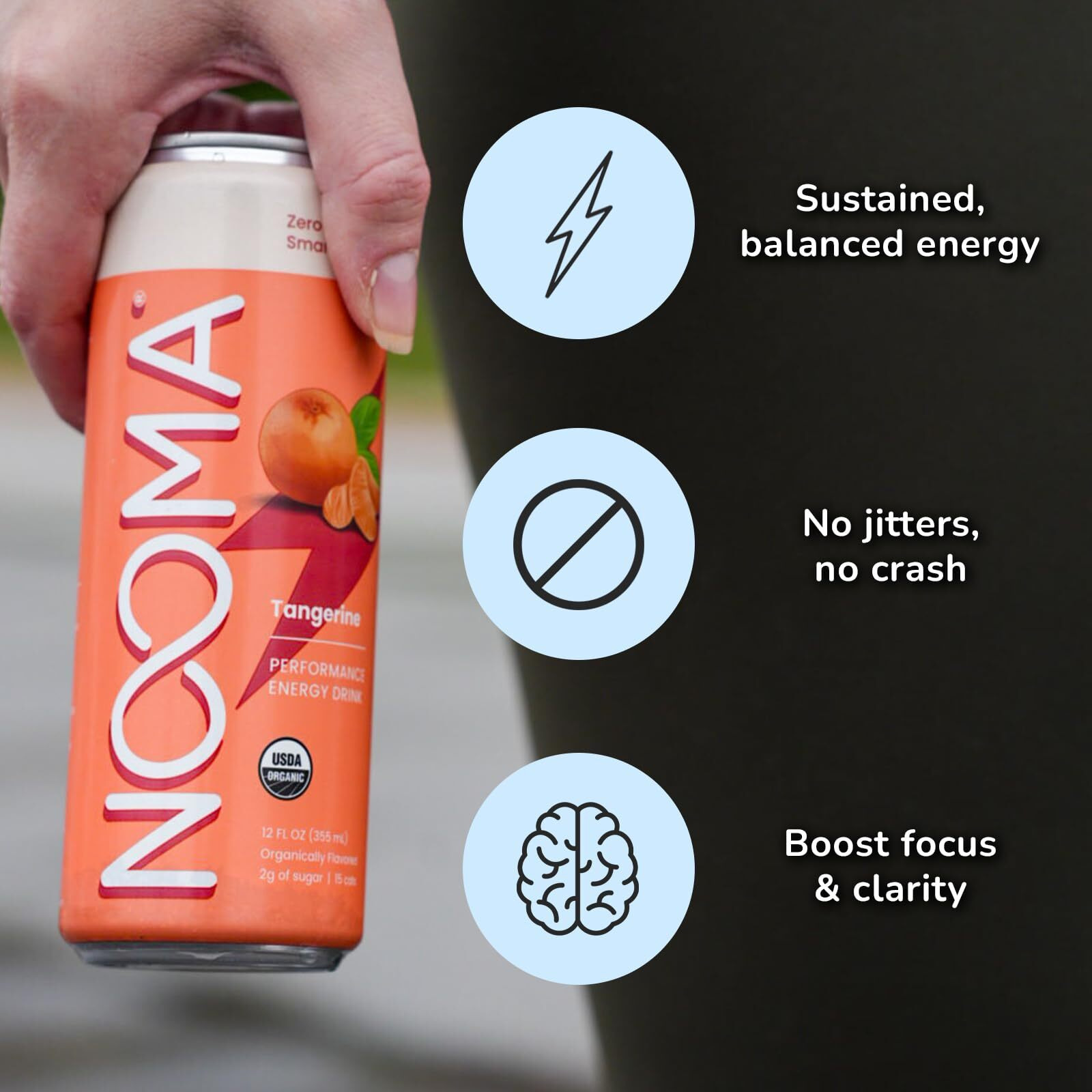 Nooma - Performance Energy Drink - Pre Workout Drink - Nootropics, Adaptogens + Electrolytes - Organic & 0 Added Sugars - 120Mg Clean Caffeine, 15 Calories & 2G Sugar - Tangerine - 12 Pack - 12Oz Ea.