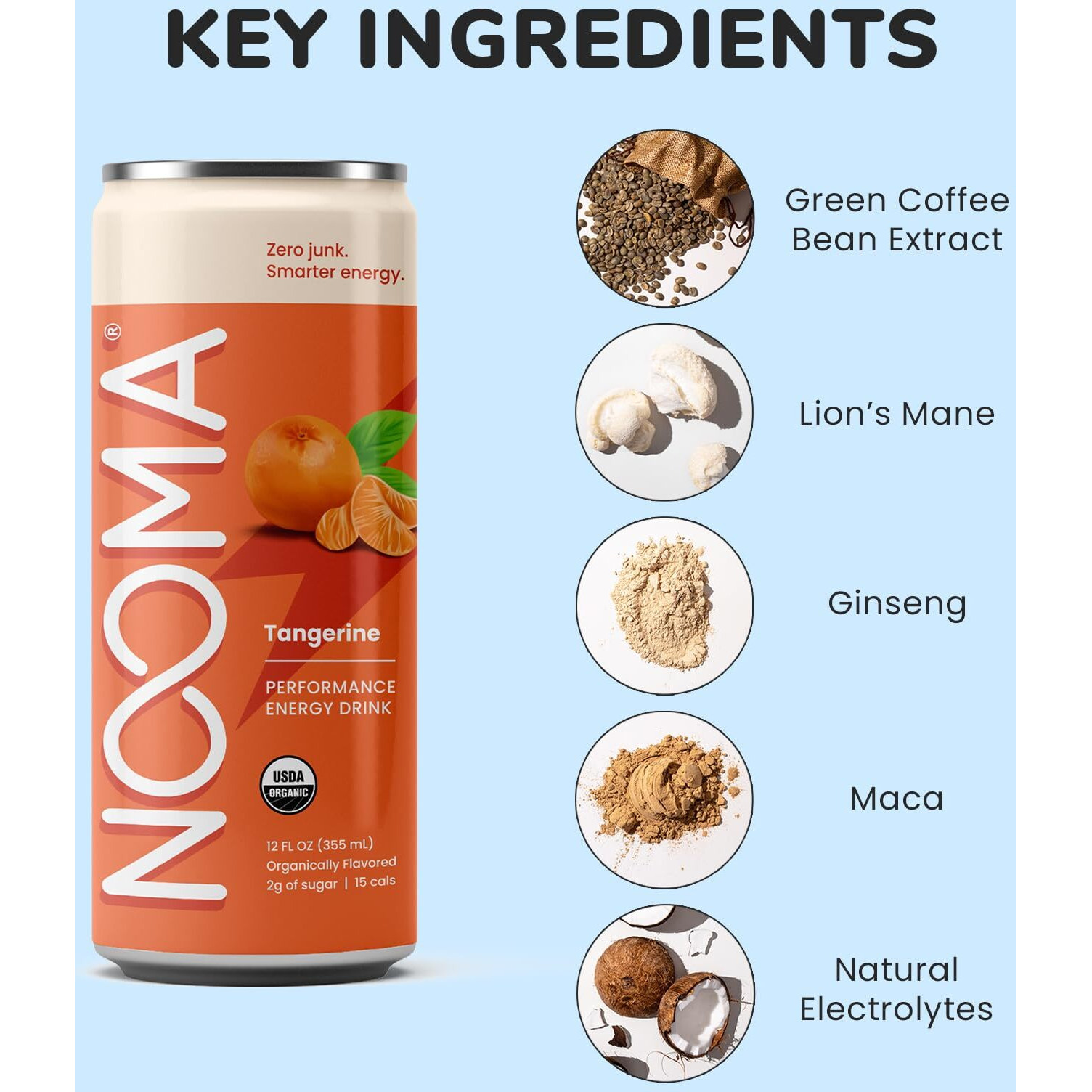 Nooma - Performance Energy Drink - Pre Workout Drink - Nootropics, Adaptogens + Electrolytes - Organic & 0 Added Sugars - 120Mg Clean Caffeine, 15 Calories & 2G Sugar - Tangerine - 12 Pack - 12Oz Ea.
