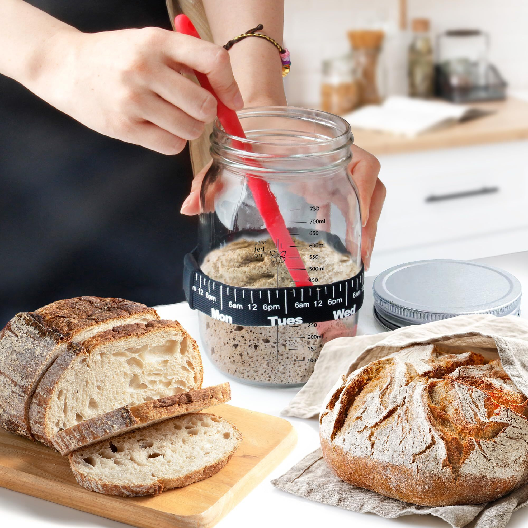Ultimate Sourdough Starter Jar Kit 31.8 Oz - Reusable Sourdough Jar For Easy Bread Baking - Perfect To Make Your Sour Dough Bread Dough Starter - Easy To Use & Clean Complete Sourdough Starter Kit