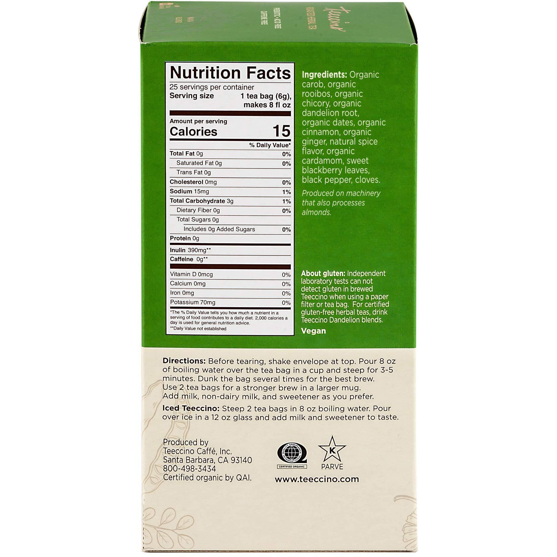 Teeccino Maya Chai Herbal Tea - Rich & Roasted Herbal Tea That's Caffeine Free & Prebiotic For Natural Energy, 25 Tea Bags